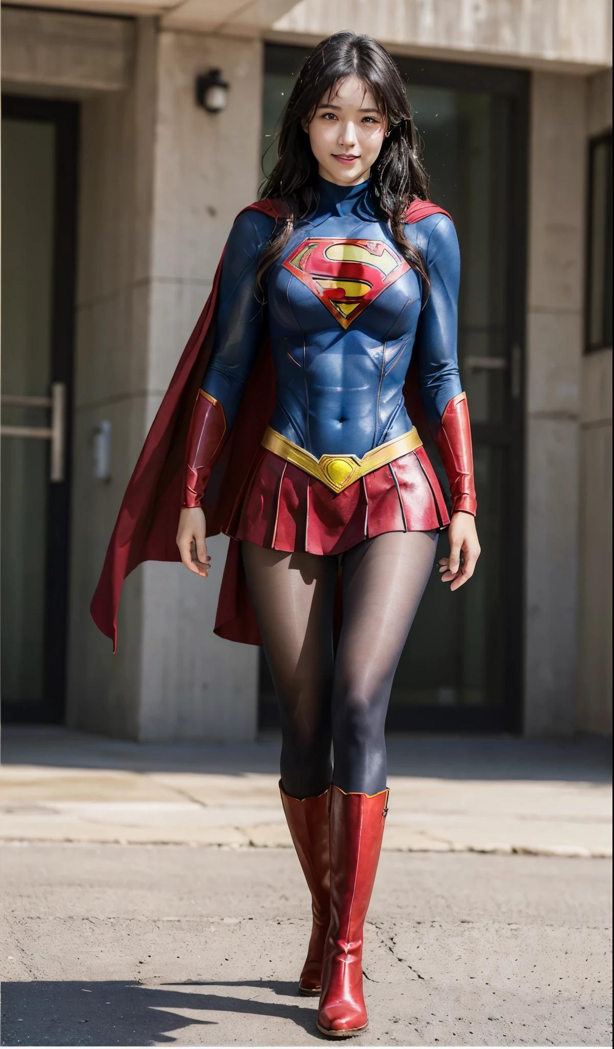 No background、(((Beautiful legs in black tights.)))、(((Legally express the beauty of your smile)))、((((Make the most of your original images)))、(((Supergirl Costume)))、(((Beautiful Hair)))、(((suffering)))、(((Please wear black tights....、Wear red boots)))、((Best image quality、8k))、((highest quality、8k、masterpiece:1.3))、(((Preserve background )))、Sharp focus:1.2、Beautiful woman with perfect figure:1.4、Slim Abs:1.2、Wet body:1.5、Highly detailed face and skin texture、8k