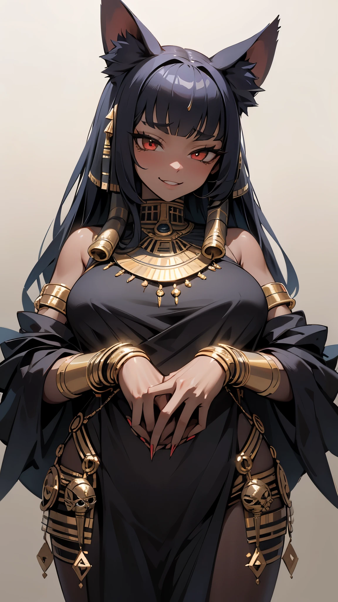 (masterpiece, best quality, highres:1.2), ultra-detailed, photorealistic anthropomorphic animal, Pharaoh, Egypt, Bastet, Egyptian goodness, pharaoh woman, cat girl, cat sphinx, onyx skin, monstergirl, furry, detailed body, detailed hands, corret fingers, Egyptian-themed bedroom, luxurious silk, golden jewelry, mesmerizing red eyes, mysterious aura, sharp claws, long nails, vibrant colors