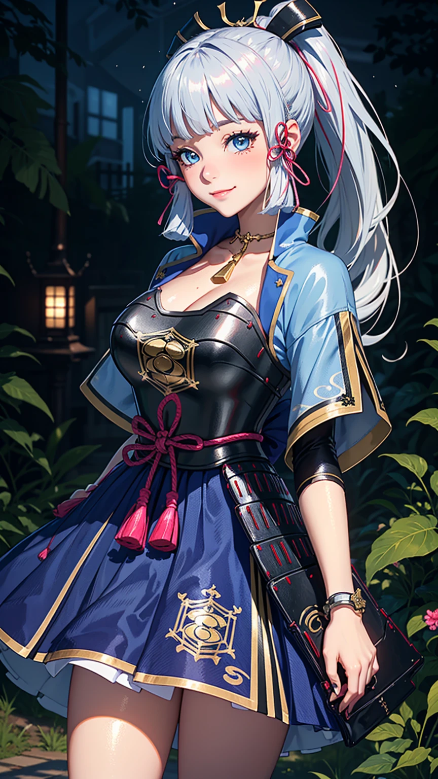 masterpiece, ultra detail, high quality, 8k KG, giant breasts, Kamisatoayakadef, night, blush, smile, bright eyes, standing, (The eyes are shiny:1.5), detailed upper body, crossed arms,