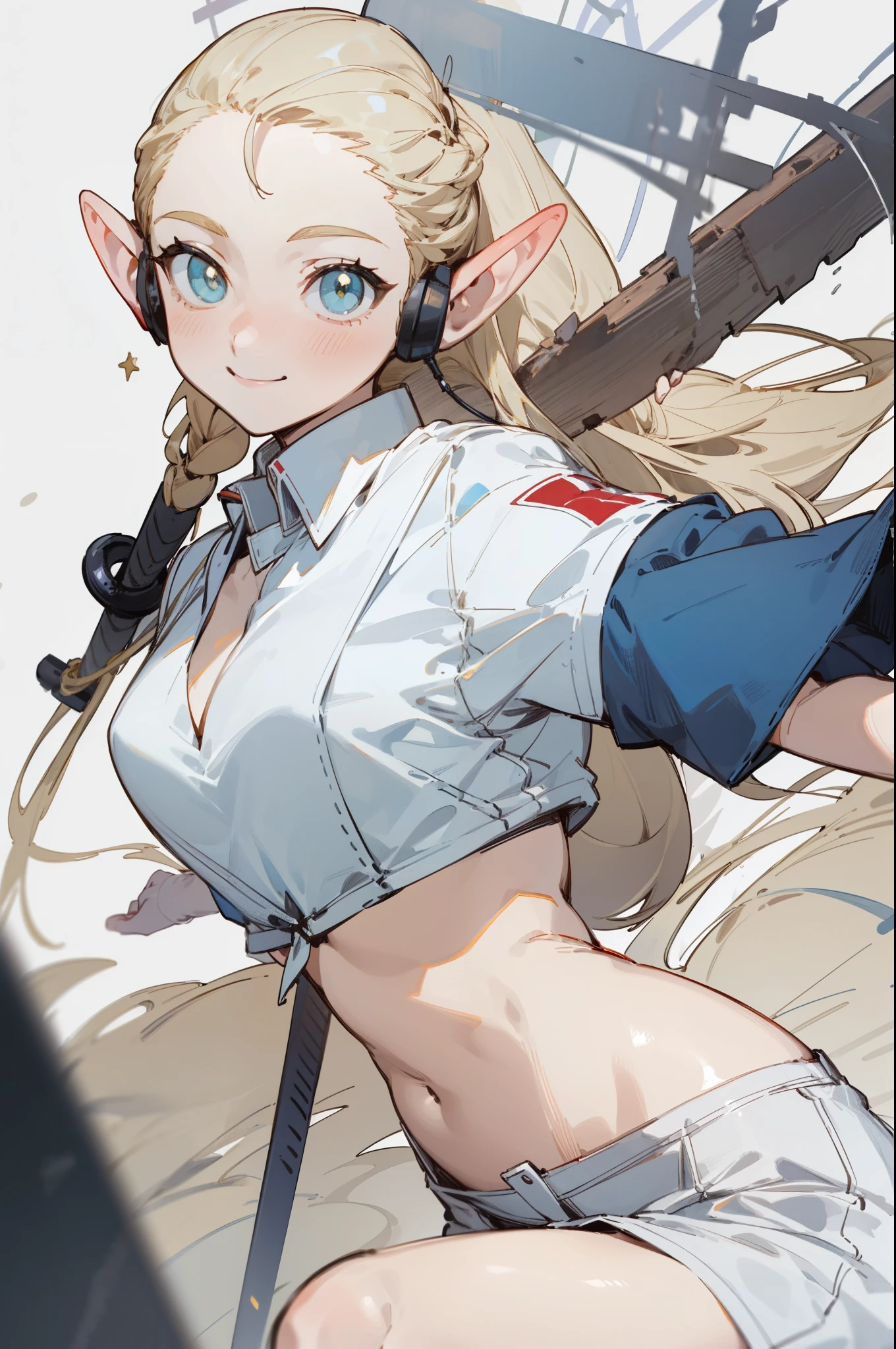 Wearing a bikini、Wearing a hat and a sword,Wearing headphones, (masterpiece, best quality) detailed,silver accessories , Blonde ,elegant, Pointed ears ,Chinese element pattern,Wear a white shirt,Navel exposed,