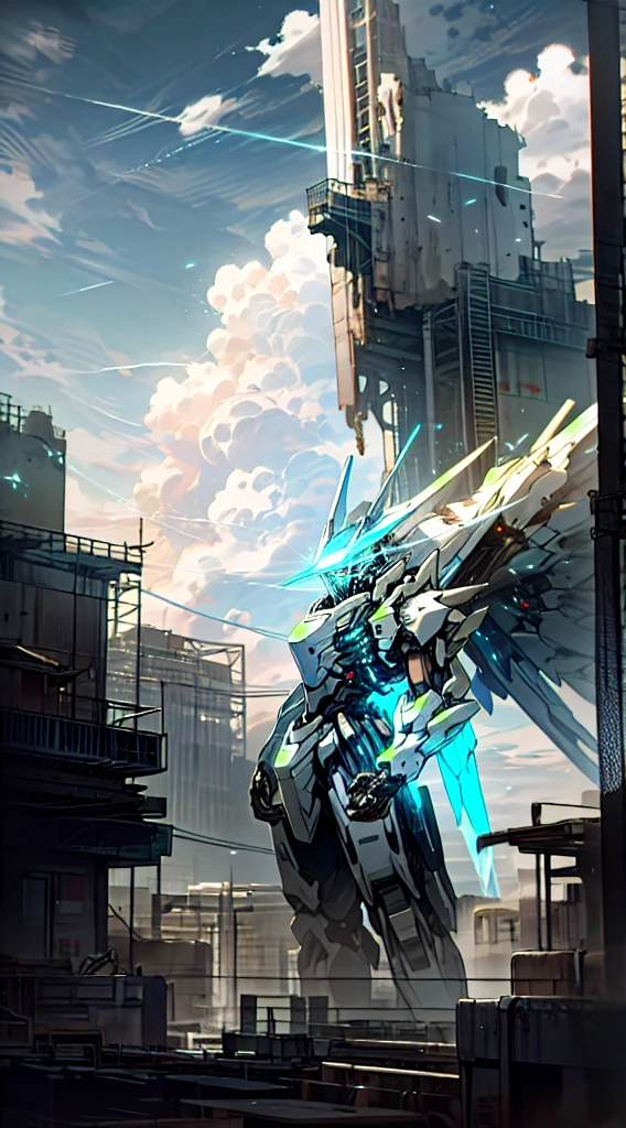 Sky, cloud, Keep_arms, No_Humanity, luminescent, a man standing on top of a architecture, With your back to the audience, Looking beyond, Giant, architecture, ruins, luminescent_Eye, Mecha, Science fiction, City, Reality, Mecha