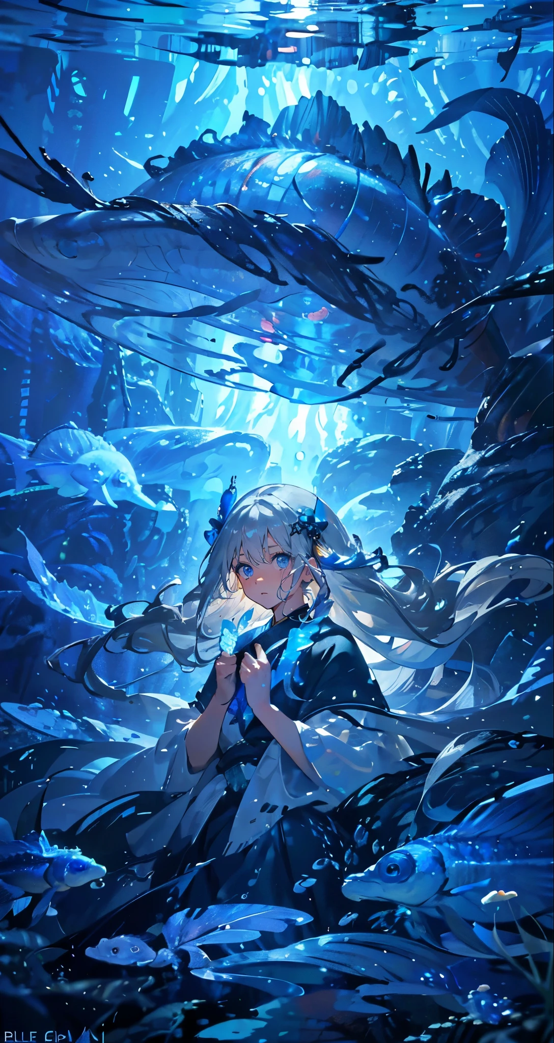 (Piece Fly), (best quality), Very detailed, 1 girl, Half Body, Perfect face, beautiful girl, Very detailed顔，(Long gray hair:1.5)，(blue eyes:1.4)，(Flowing hair:1.4)，(In the water:1.4)，sink，school of fish，Light，jellyfish，Seaweed，Redfish，of fish，deep sea，fantasy