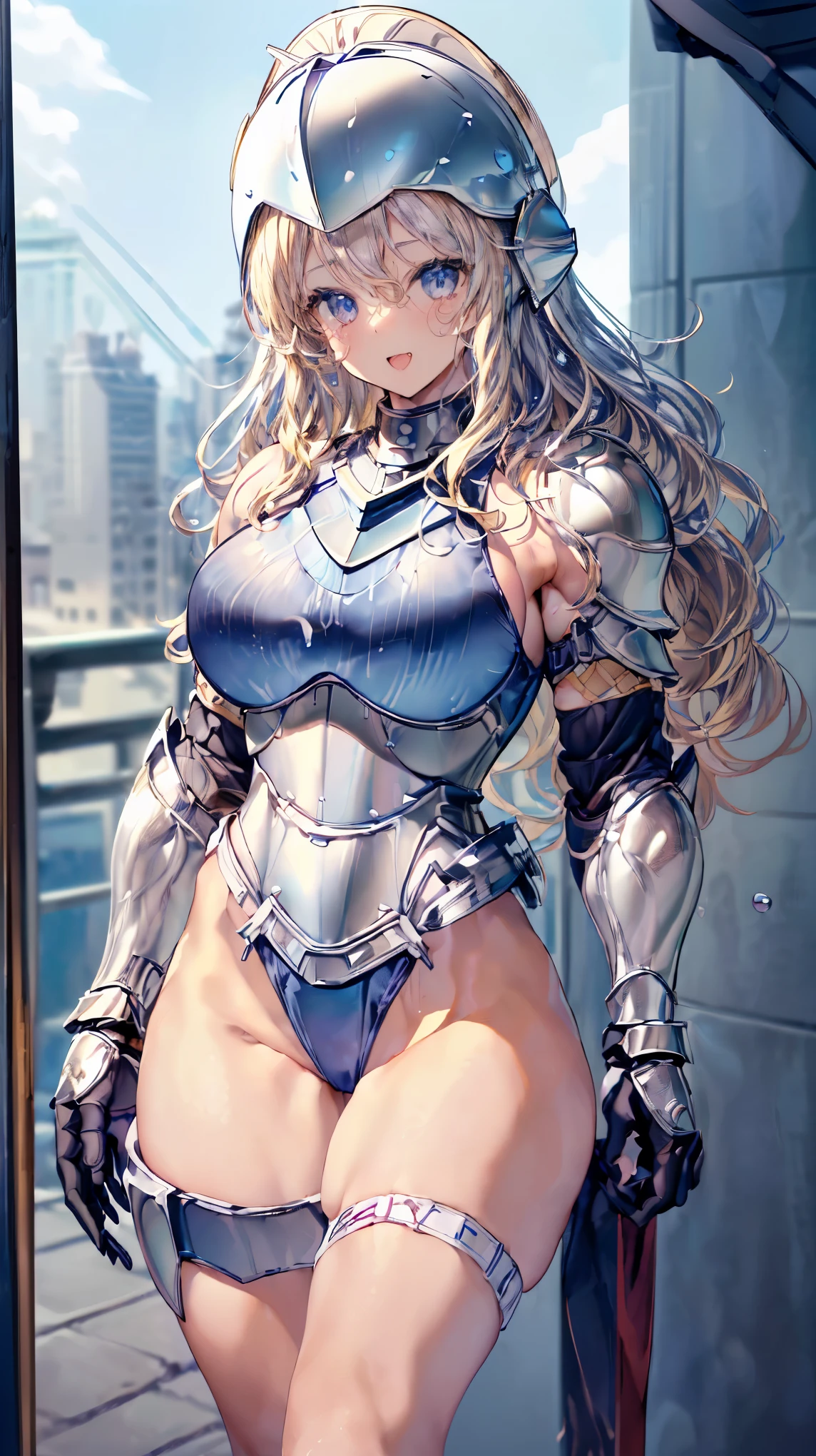 (Adult women:1.5)、Very detailed、highest quality、Best image quality、masterpiece、8k、Anime Face、A kind smile、(Open your mouth:1.5)、Sparkling blue eyes、(Blonde Wavy Hair:1.5)、、Muscles of the whole body、(High leg:1.5)、(Thigh belt:1.5)、(Wearing platinum bikini armor:1.5)、(Cowboy Shot:1.5)、(Leg armor:1.5)、(Wearing a helmet:1.5)