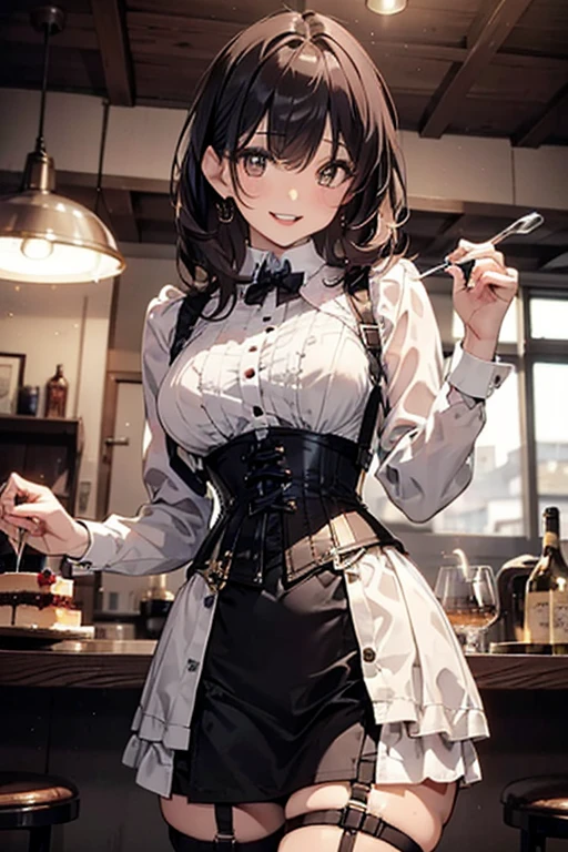 (looking down on the audience:1.3),(from side:0.9), ((Face)), (Close-Up:0.4), (( eat a cake and have a coffee)),highest quality、(real、photorealistic:1.4),(ultra high resolution, 8K RAW photo, clear focus), best qualtiy, natural lighting, field depth, (Bright pupils, detailed beautiful eyes, high detailed face), Red lip, (tight focus:1.2, from below:1.2), sexy posing, erotic cute,cooking Research Institutes(beautiful and luxurious:1.2),(double breasted:1.0,under bust:1.0), gap between buttons,(((corset belt))),(((high waist skirt,))) seductive weak smiling,(with sparkling eyes and a contagious smile),open mouth, Looking at Viewer,