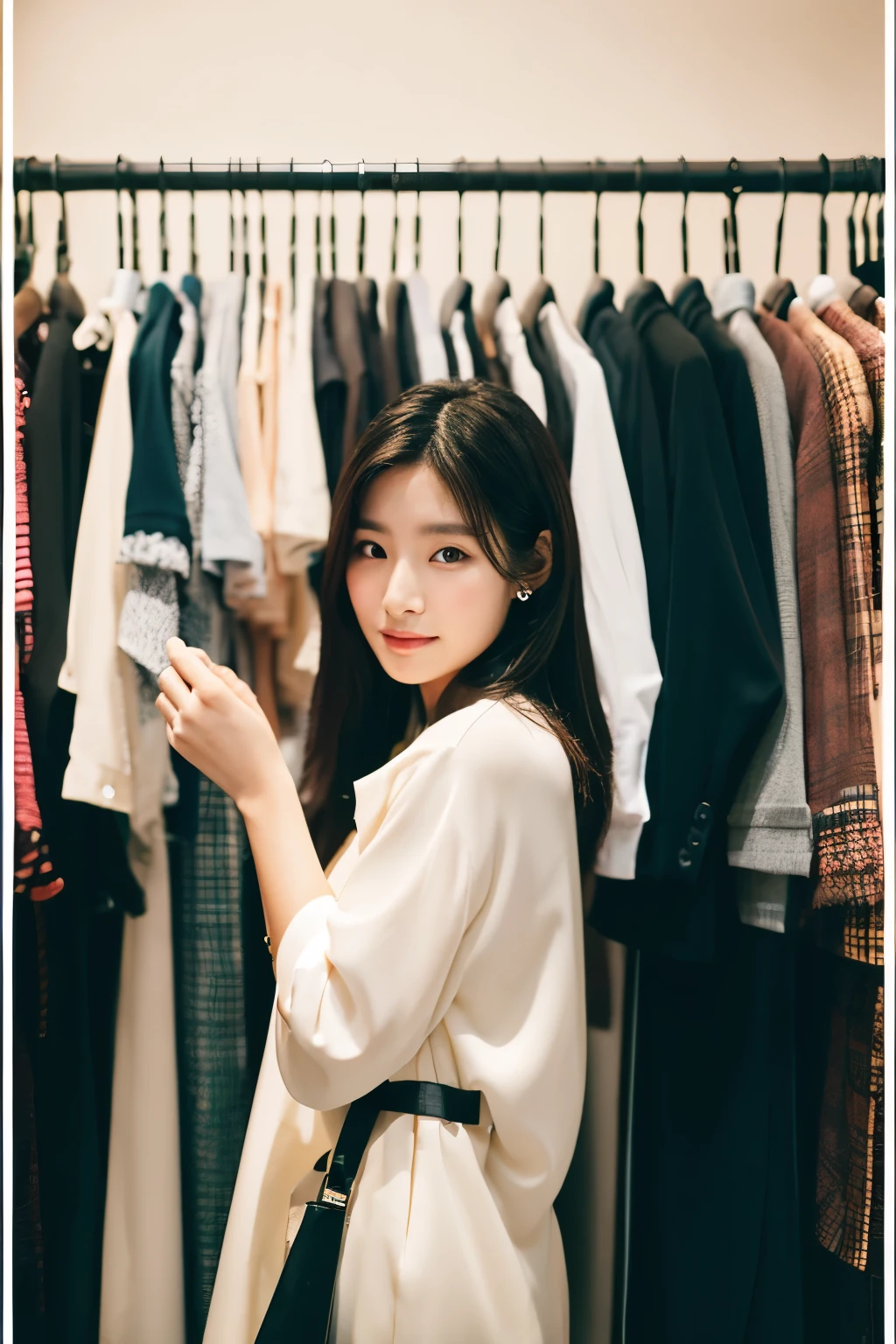 there is a woman standing in front of a rack of clothes, captured on canon eos r 6, korean women's fashion model, shot on nikon z9, jossi of blackpink, jaeyeon nam, ji-min, bae suzy, shot on canon eos r5, shot on canon eos r 5, taken with canon eos 5 d mark iv