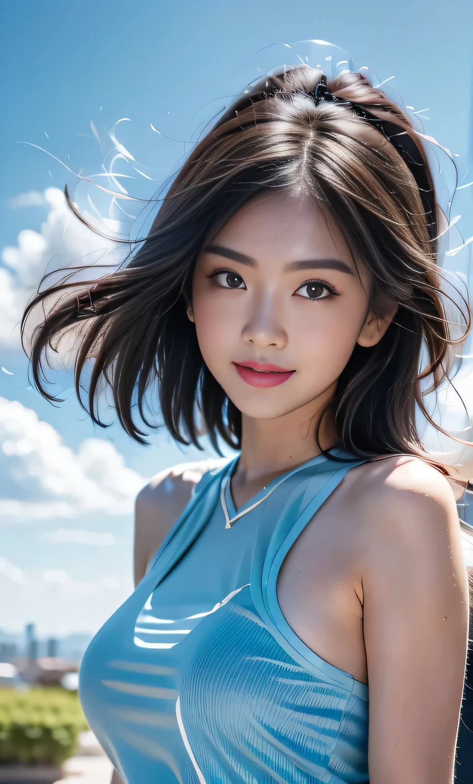 hair bobbles, wince, longeyelashes, solid circle eyes, light smile, ear blush, fang, Surrealism, drop shadow, anaglyph, stereogram, tachi-e, pov, atmospheric perspective, 8k, super detail, ccurate, best quality,Hair glows:1.5,Superhuman:1.5,floating:1.5,cloud:1.5,