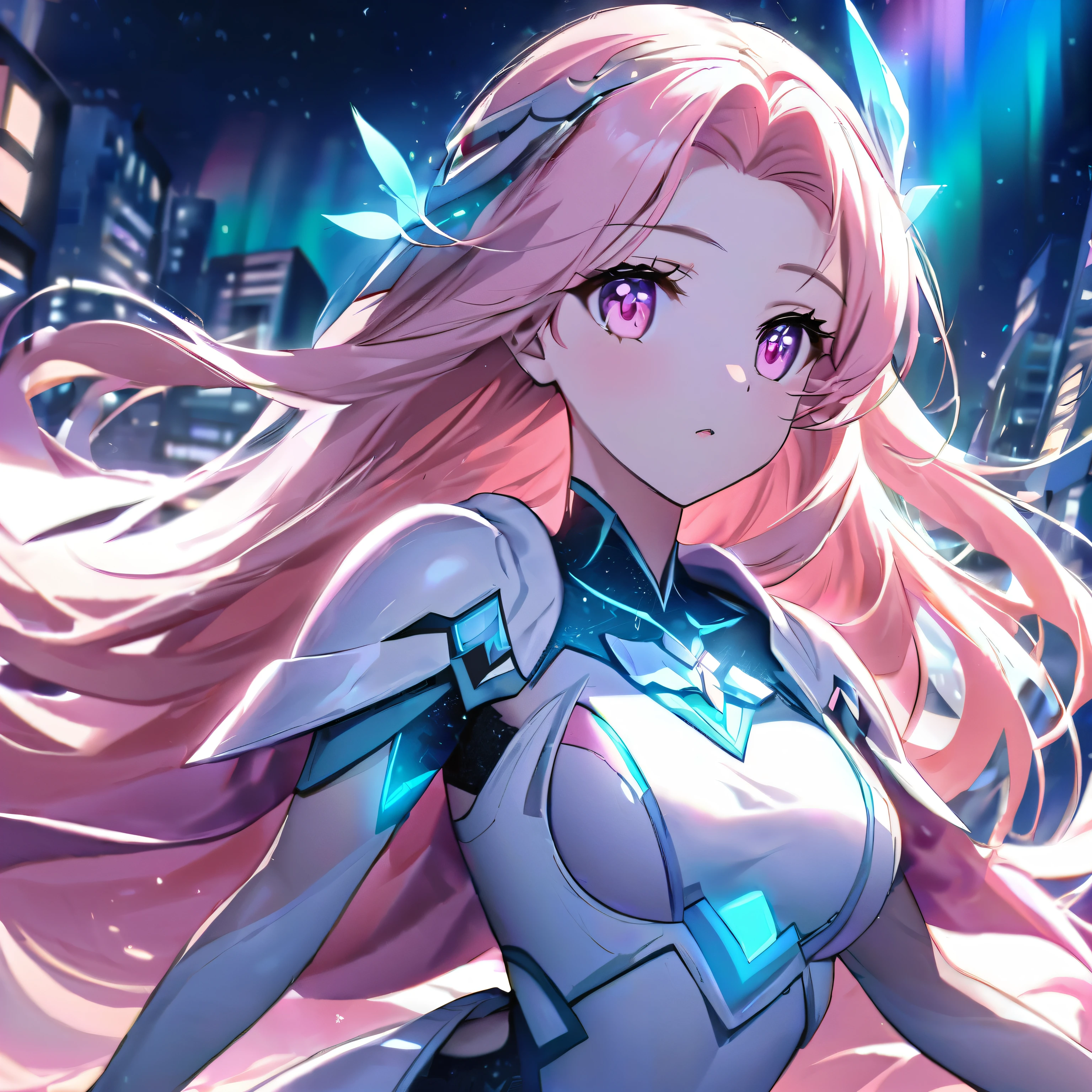 (Girl with beautiful pink eyes), (Pink semi-long hair) A beautiful robot princess, wearing the glow of the aurora, runs through the night city. The light of the aurora spreads around her, her beauty is magical. And at the center of the scene stands a beautiful robot princess. She runs gracefully, giving courage and hope to those around her.