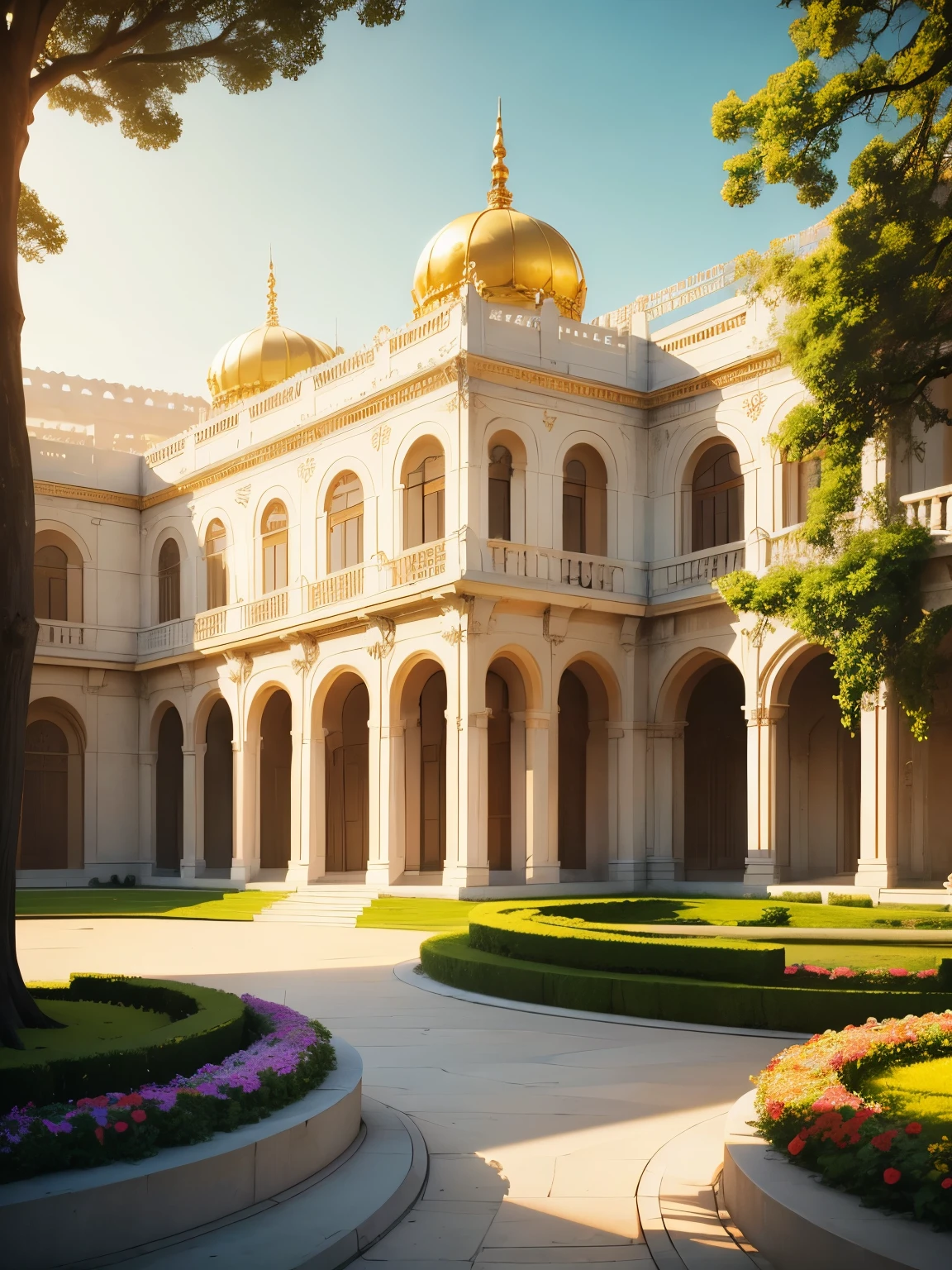 large palace with white walls, golden roofs, golden furnishings, large garden, variety of flowers, majestic