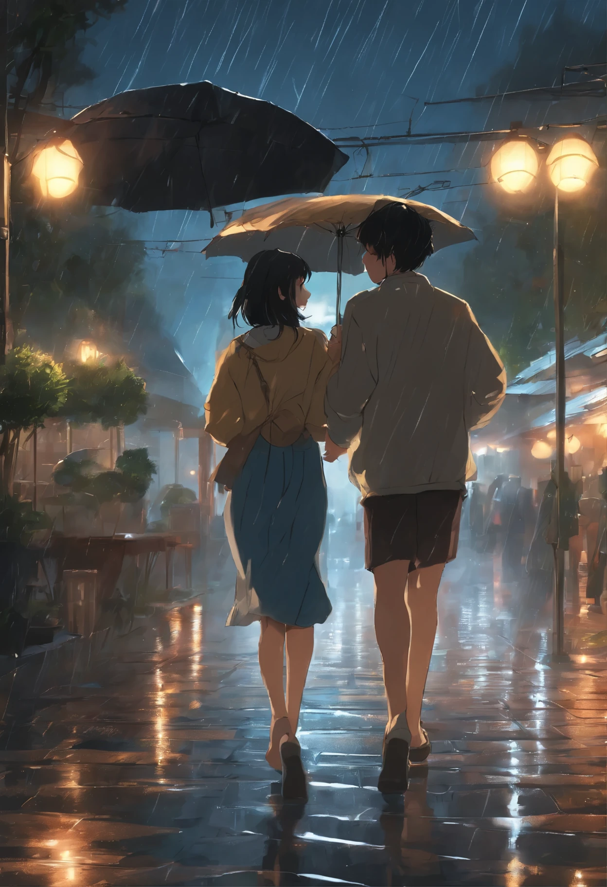 Xin Haicheng, A couple running in the rain at night without an umbrella, smiling broadly, Nostalgic, Back view, In front of the station, Soaking wet, beautiful memory, 4k anime wallpaper, Anime Art Wallpapers 8K, anime art wallpaper 4k, anime art wallpaper 4k, 4K Anime Style, Makoto Shinkai Cirilo Rolando, 4K Manga Wallpapers, Anime Wallpaper,