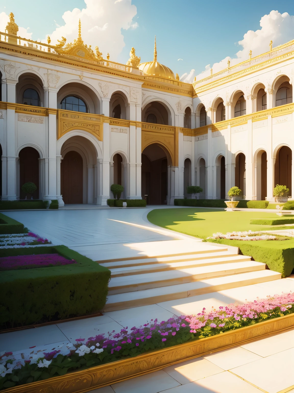 large palace with white walls, golden roofs, golden furnishings, large garden, variety of flowers, majestic