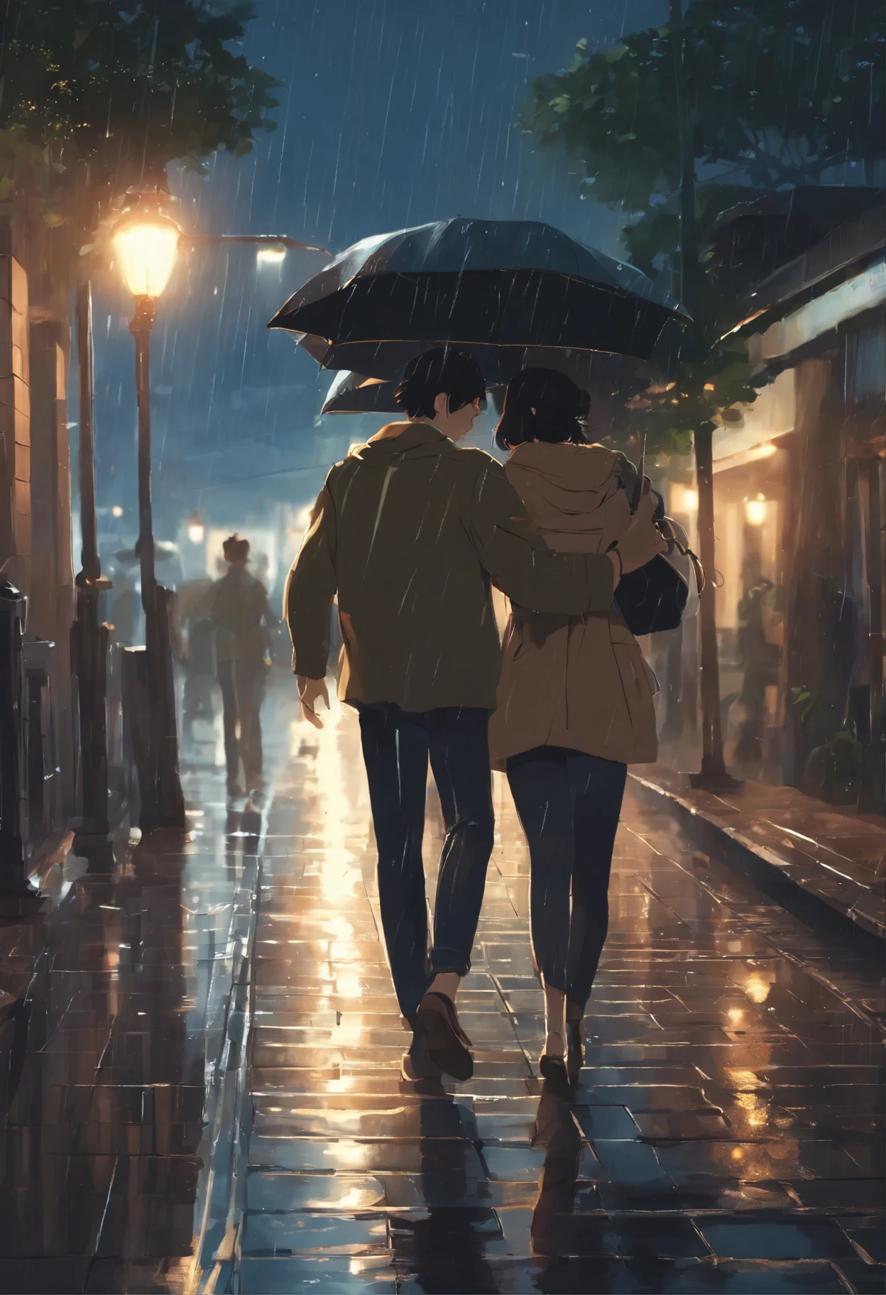 Xin Haicheng, A couple running in the rain at night without an umbrella, smiling broadly, Nostalgic, Back view, In front of the station, Soaking wet, beautiful memory, 4k anime wallpaper, Anime Art Wallpapers 8K, anime art wallpaper 4k, anime art wallpaper 4k, 4K Anime Style, Makoto Shinkai Cirilo Rolando, 4K Manga Wallpapers, Anime Wallpaper, 