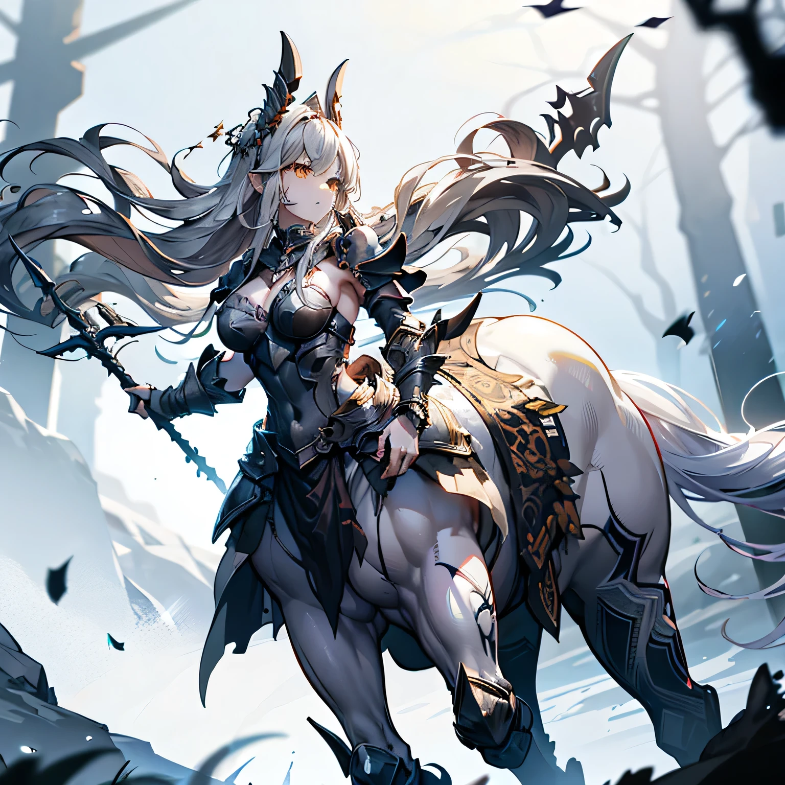 1 woman, centaur, female centaur, long white hair, fierce expression, orange eyes, silver breast plate, silver armor, centaur armor, holding a spear, dynamic pose, centaur, in the middle of a fight, fighting pose , horse legs, mythical creature, holding a spear, holding a spear in her right hand 