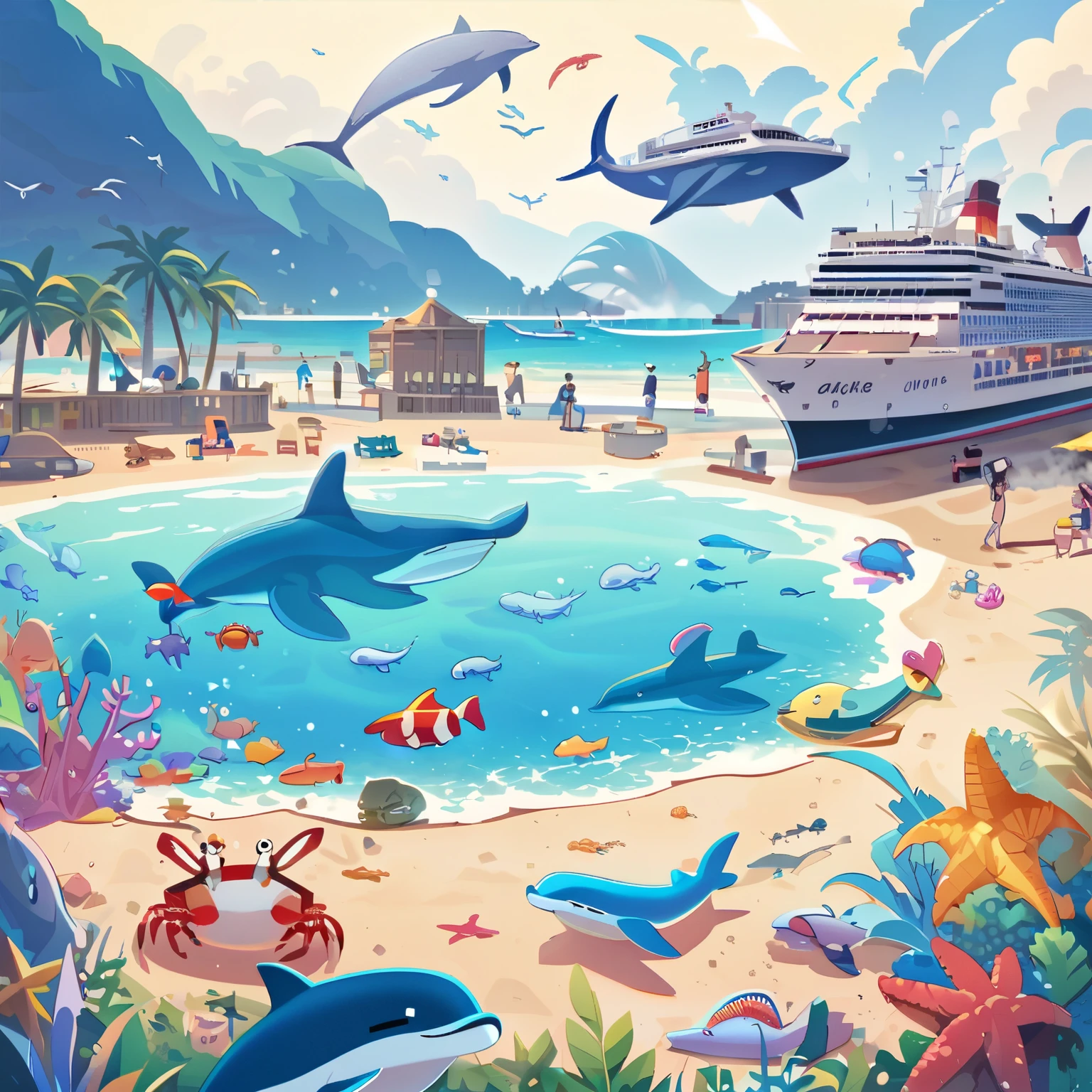 "Create illustrations of seaside scenes, whales, dolphins, crabs, palm trees, ships, and a world of playful and colorful toys."