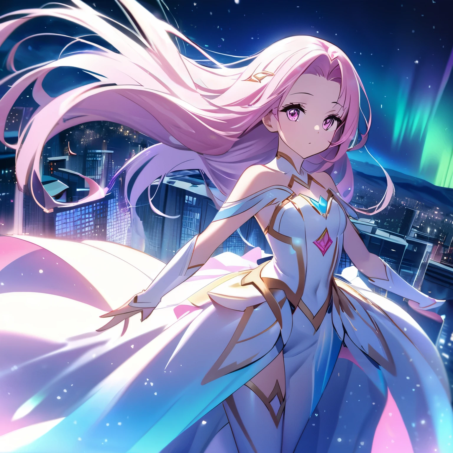 (Girl with beautiful pink eyes), (Pink semi-long hair) A beautiful robot princess, wearing the glow of the aurora, runs through the night city. The light of the aurora spreads around her, her beauty is magical. And at the center of the scene stands a beautiful robot princess. She runs gracefully, giving courage and hope to those around her.