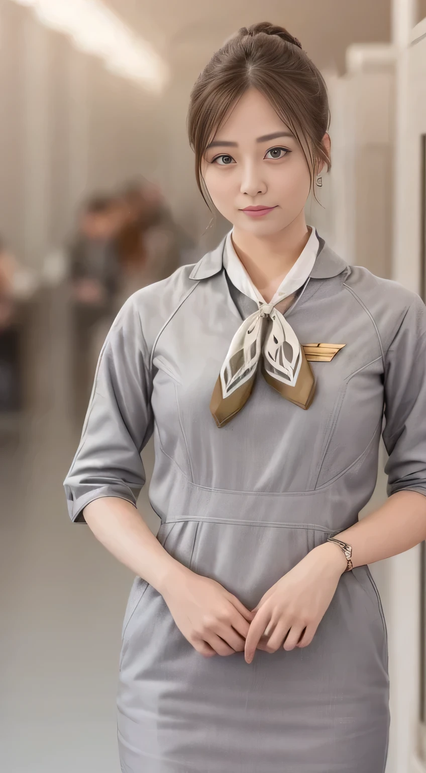 Starlux Airlines silver short sleeve uniform、Earrings、Captivating look、Long hair updo、Evening updo、Young Japanese Woman