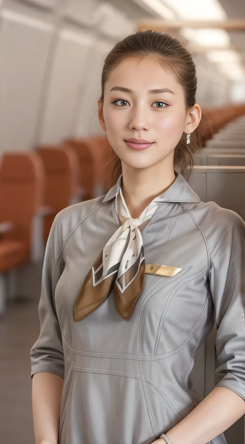 Starlux Airlines silver short sleeve uniform、Earrings、Captivating look、Long hair updo、Evening updo、Young Japanese Woman