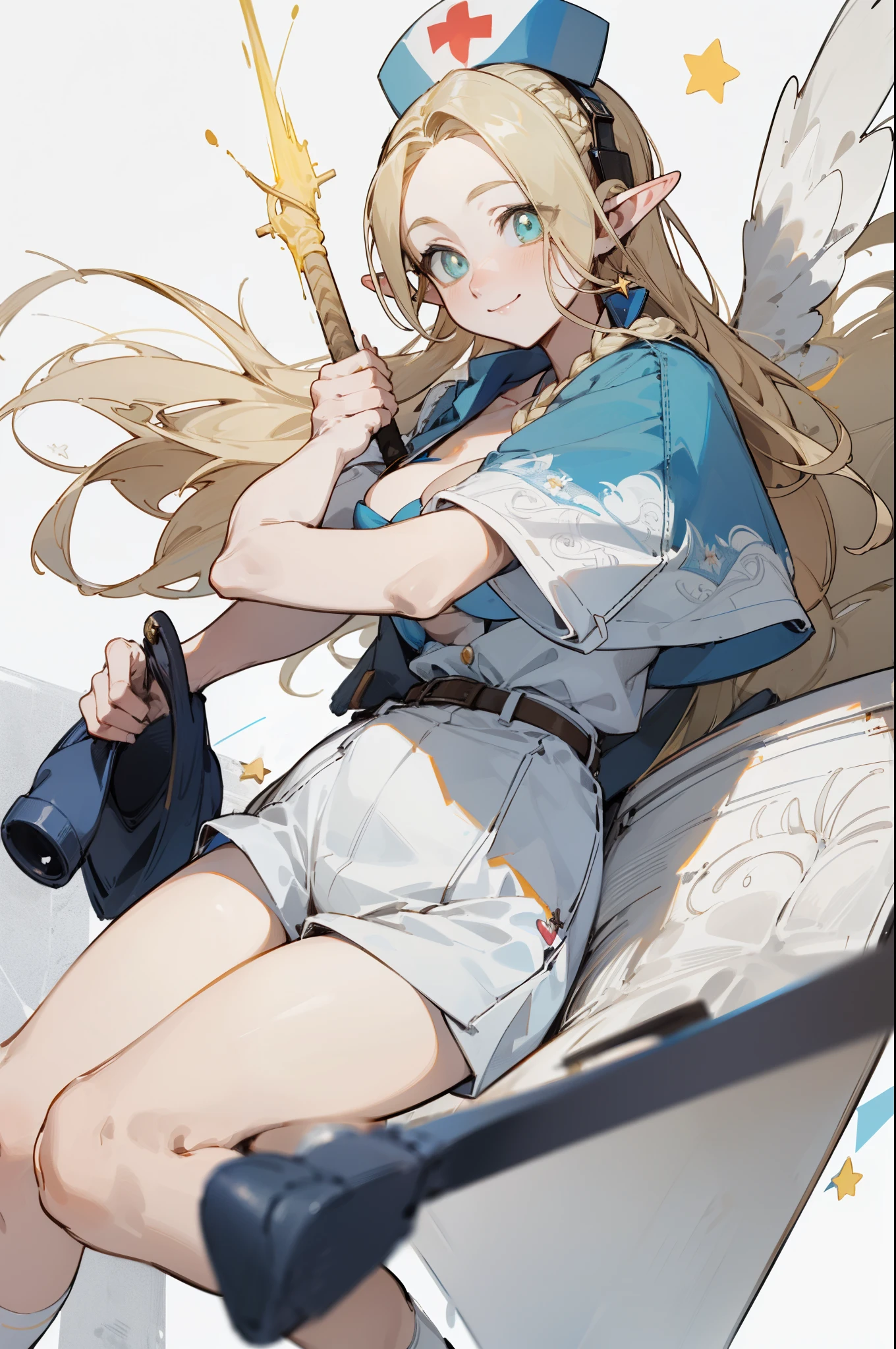 Wearing a bikini、Wearing a hat and a sword, Wearing headphones,(masterpiece, best quality) detailed,silver accessories , Blonde ,elegant, Pointed ears ,White shirt,shorts,Double tail,Waist-length hair,Smile,Star decoration,White lace socks,Angel,Nurse,(Nurse服装)