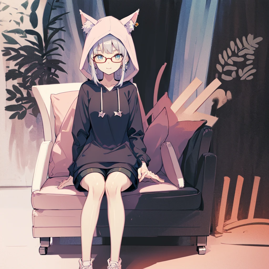 (Anime style), 1girl, ((sitting on a couch)), 20 years old, mechanical limbs, [[weapon]], skin colored skin, ((indoor), relaxing, ((hooded up)), ((animal ear hoodie)) , (wearing (white) mini shorts) , sharp eyes, light pink eyes, beautiful eyes, detailed eyes, beautiful silver hair, short hair, wearing glasses, earrings, cute pins on hoodie, holding a game controller, one hand is rested on her chest, medium chest size, perfect arms, perfect legs, perfect hands, anatomically correct hands, detailed hands, detailed feet, perfect feet, (adult body proportions), smiling, (playful and friendly expression), looking at viewer, ((high quality)) , best quality