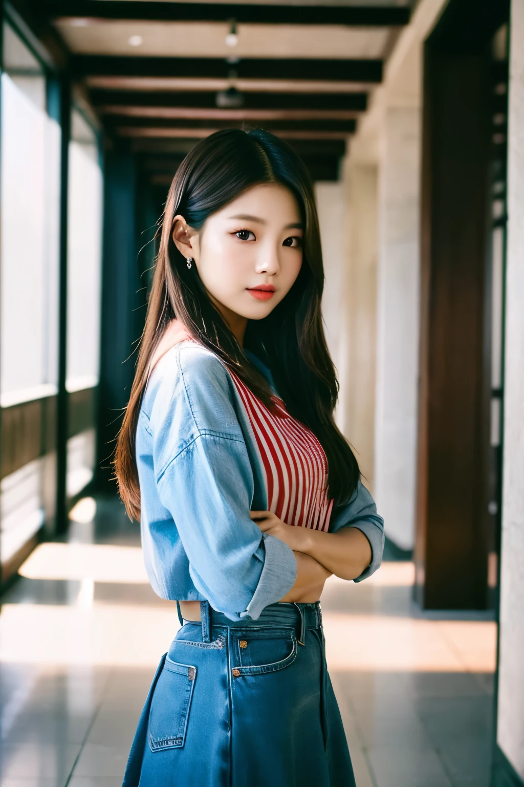 there is a woman standing in a hallway making a heart with her hands, jaeyeon nam, blackpink jennie, roseanne park of blackpink, bae suzy, portrait of jossi of blackpink, tzuyu from twice, shot on canon eos r 5, heonhwa choe, shot on canon eos r5, portrait of female korean idol, captured on canon eos r 6
