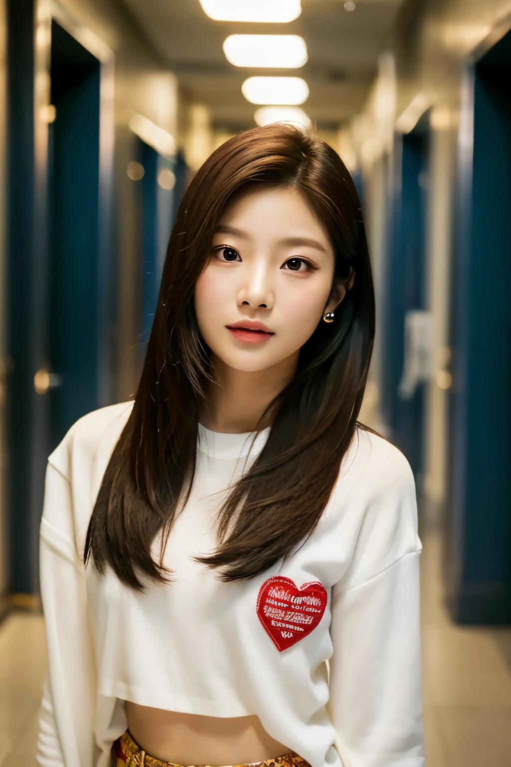 there is a woman standing in a hallway making a heart with her hands, jaeyeon nam, blackpink jennie, roseanne park of blackpink, bae suzy, portrait of jossi of blackpink, tzuyu from twice, shot on canon eos r 5, heonhwa choe, shot on canon eos r5, portrait of female korean idol, captured on canon eos r 6