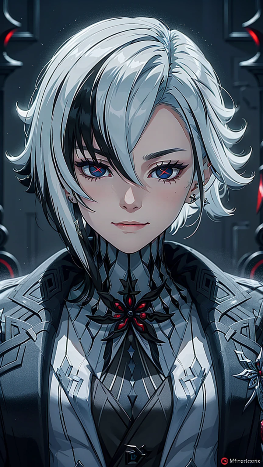 1 girl, One, White hair, black hair, multicolored hair, black eyes, x-shaped pupils, White Arles_suit , face concentrated