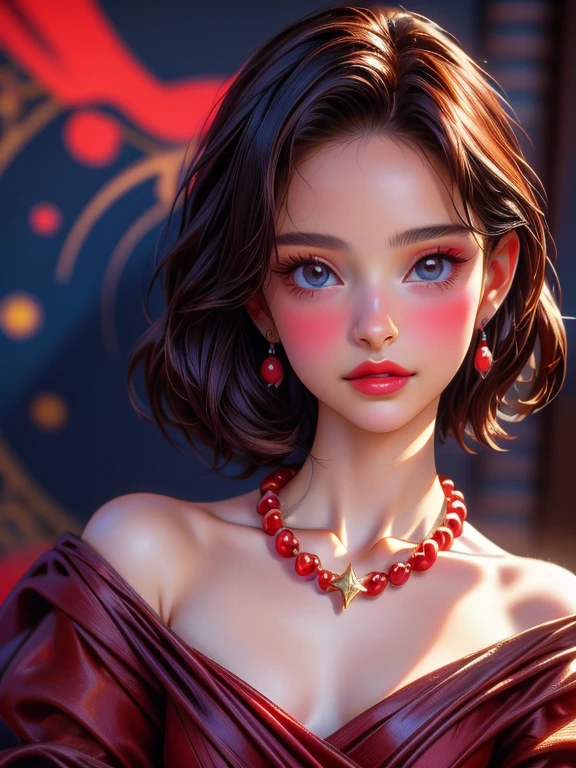 {{masterpiece、highest quality、(((Realistic、Realistic:1.37)))、8K quality}}, Natalie Portman, oil, Renaissance, Leonardo da Vinci, model, Modern Style, Modern Fashion, Idol, nice, Short hair red pearl necklace, earrings, modern makeup, Red lipstick, Starry Night, Black star dress, ring, Defined strokes