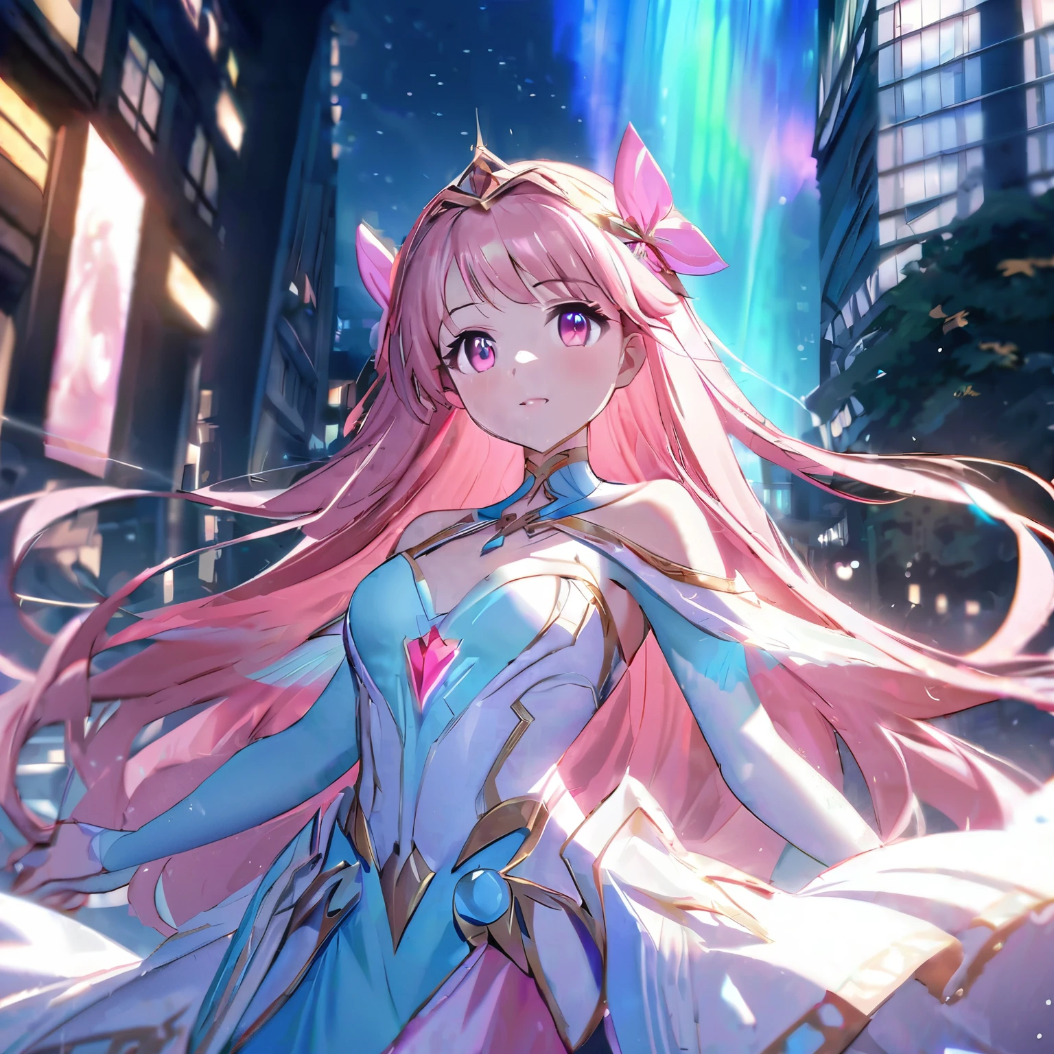 (Girl with beautiful pink eyes), (Pink semi-long hair) A beautiful robot princess, wearing the glow of the aurora, runs through the night city. The light of the aurora spreads around her, her beauty is magical. And at the center of the scene stands a beautiful robot princess. She runs gracefully, giving courage and hope to those around her.