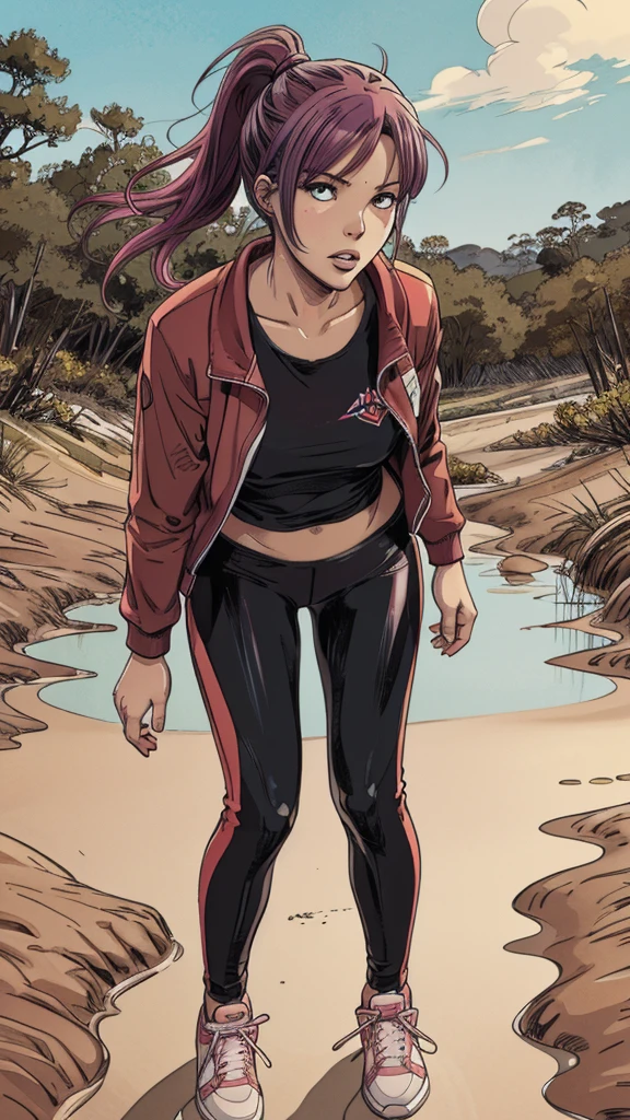 (best quality, highres), (vector image), (close-up), (anime), (junior girl), (colored hair), (gloomy orgasm), (blush), (sporty wetlook leggings), (sporty top), (near quicksand bog), (red), (blue), (sneakers),(provocative photo session), down jacket, standing