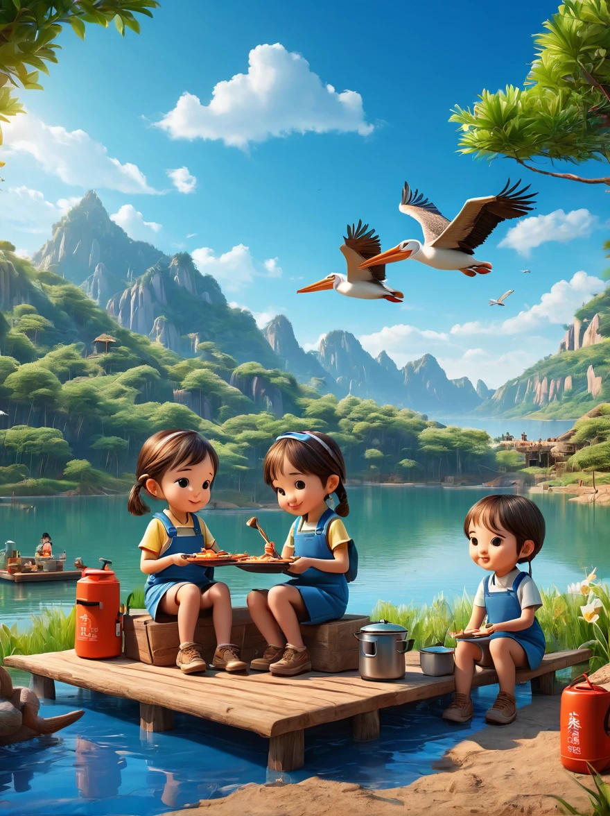 A cute boy and girl，Tented camp，Spring Outing，lake，Natural Scenes，barbecue，Blue sky natural background，Official Pelican Office，Wide Angle，Clay Materials，Clean background，Character IP，Skyline design，3D，C4D，Xin value dye，Mixer，Natural light，Light and shadow，Very high detail with rim light，Intricate details，Medium shooting，8k