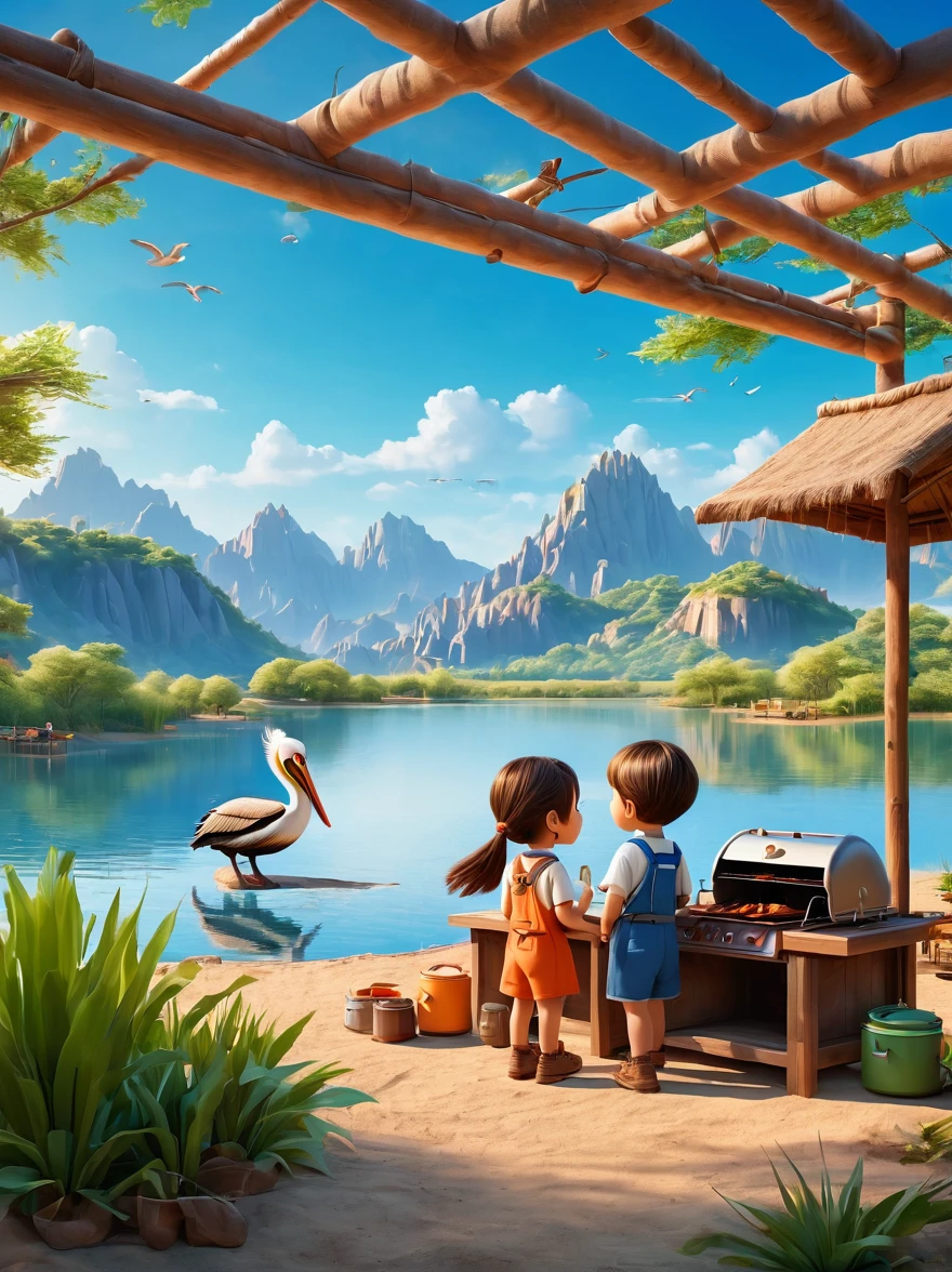 A cute boy and girl，Tented camp，Spring Outing，lake，Natural Scenes，barbecue，Blue sky natural background，Official Pelican Office，Wide Angle，Clay Materials，Clean background，Character IP，Skyline design，3D，C4D，Xin value dye，Mixer，Natural light，Light and shadow，Very high detail with rim light，Intricate details，Medium shooting，8k