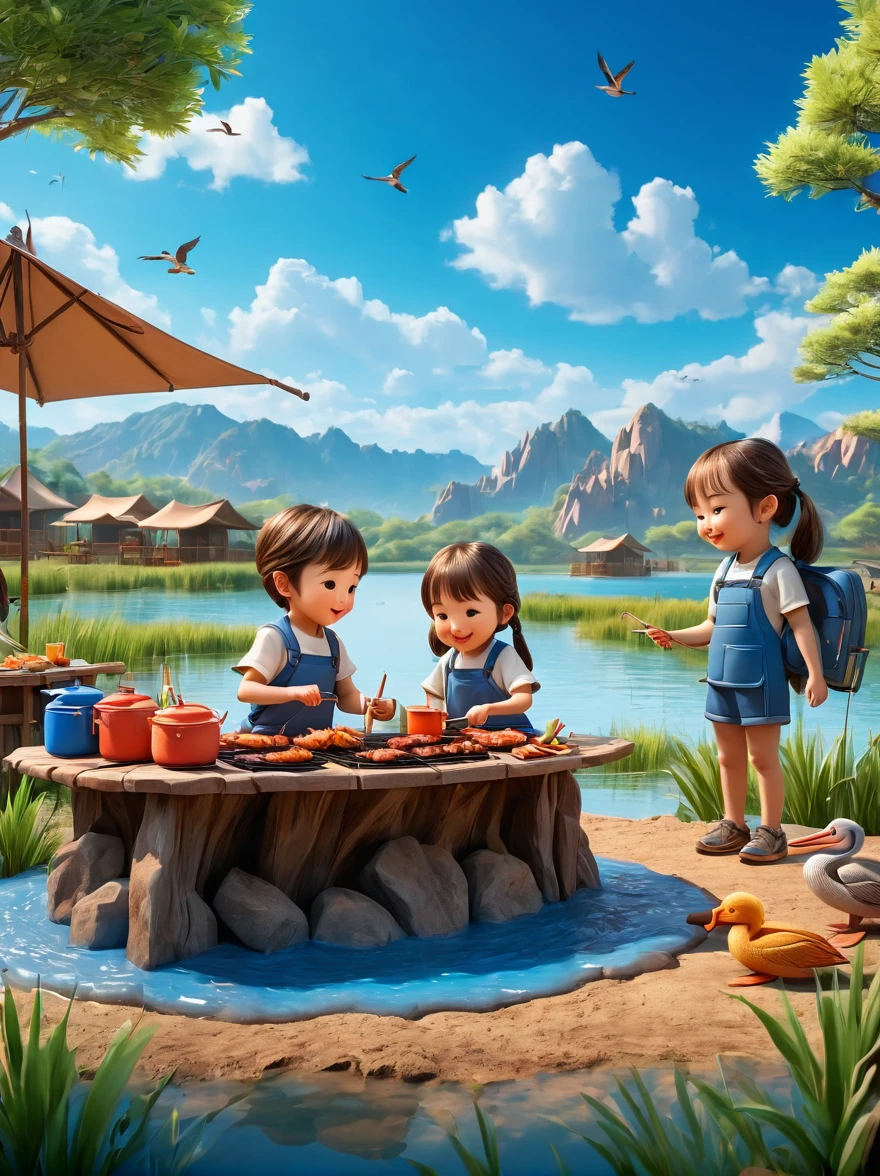 A cute boy and girl，Tented camp，Spring Outing，lake，Natural Scenes，barbecue，Blue sky natural background，Official Pelican Office，Wide Angle，Clay Materials，Clean background，Character IP，Skyline design，3D，C4D，Xin value dye，Mixer，Natural light，Light and shadow，Very high detail with rim light，Intricate details，Medium shooting，8k