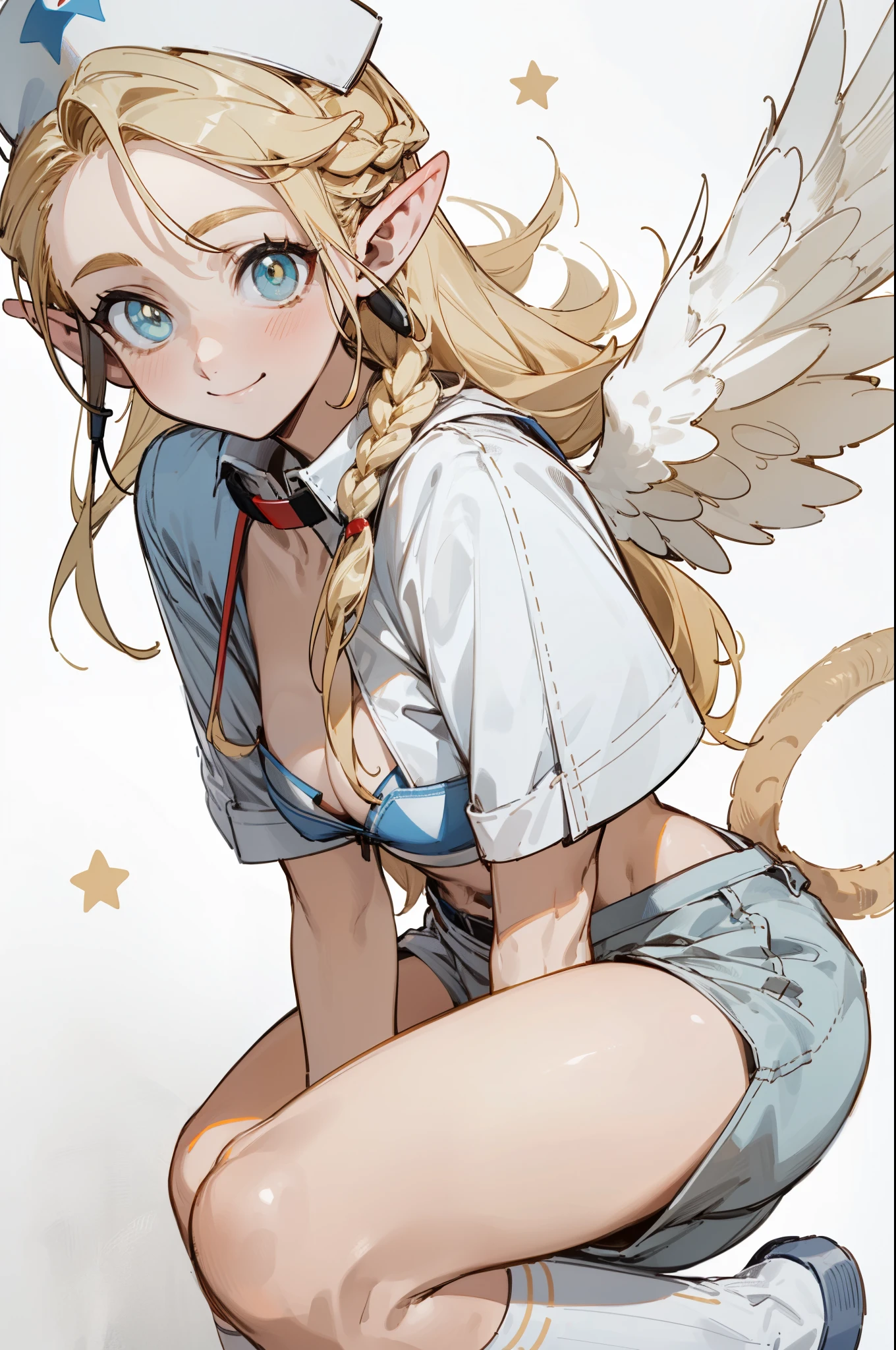 Wearing a bikini、Wearing a hat and headphones,(masterpiece, best quality) detailed,silver accessories , Blonde ,elegant, Pointed ears ,White shirt,shorts,Double tail,Waist-length hair,Smile,Star decoration,White lace socks,Angel,Nurse,(Nurse服装)