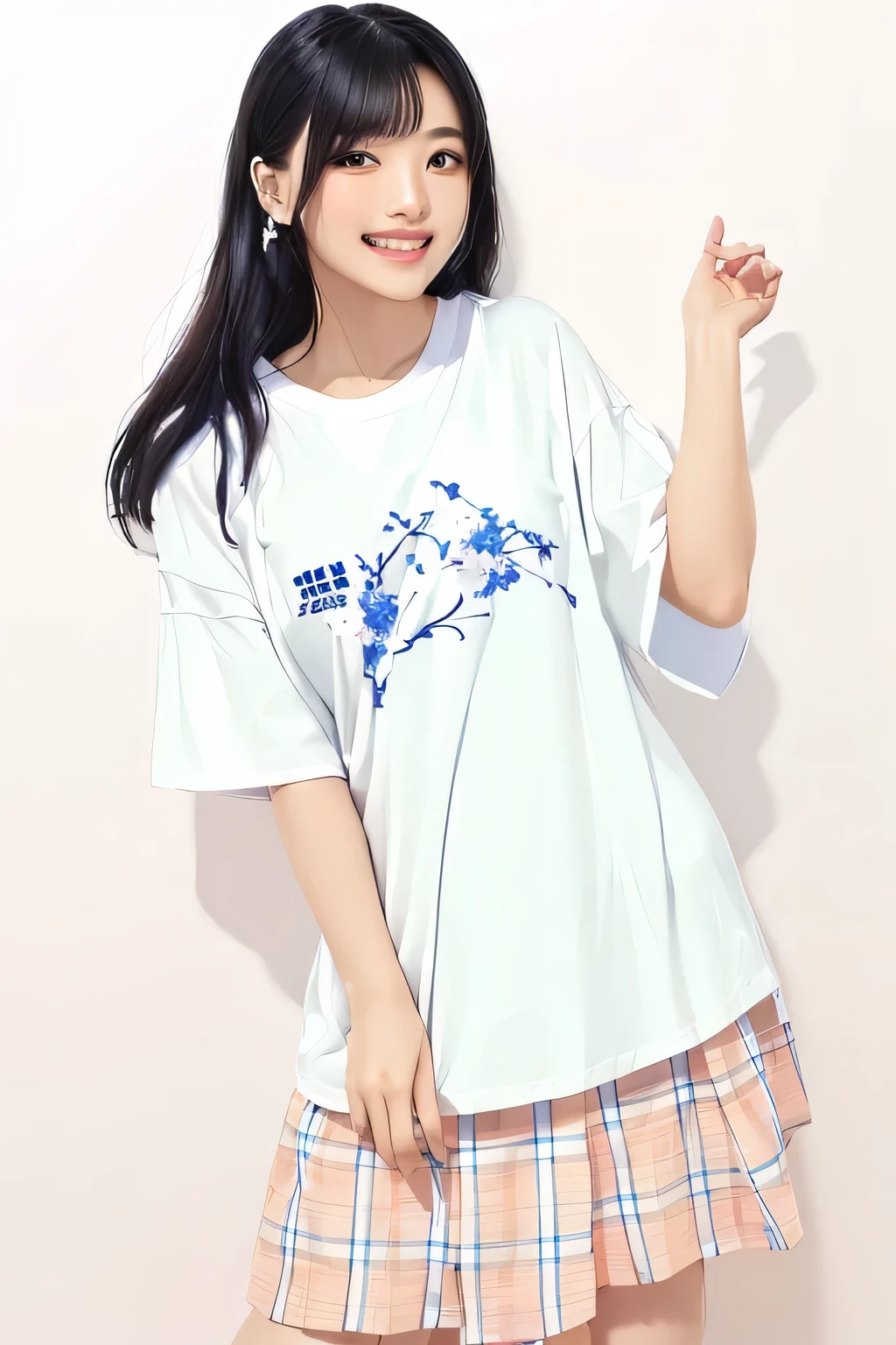 A woman taking a photo wearing a white shirt and a plaid skirt, Short sleeve, T-Shirts!!, Casual clothing, White fashionable clothes, Graphic T-Shirts, Wearing white T-shirts, T-shirts, T-Shirts, wearing a T-Shirts, white T-Shirts, kimono, Cute shirt and jeans, Simple clothes, ( Ivory Black ), Japanese Streetwear,(whole body:1.5),highest quality,