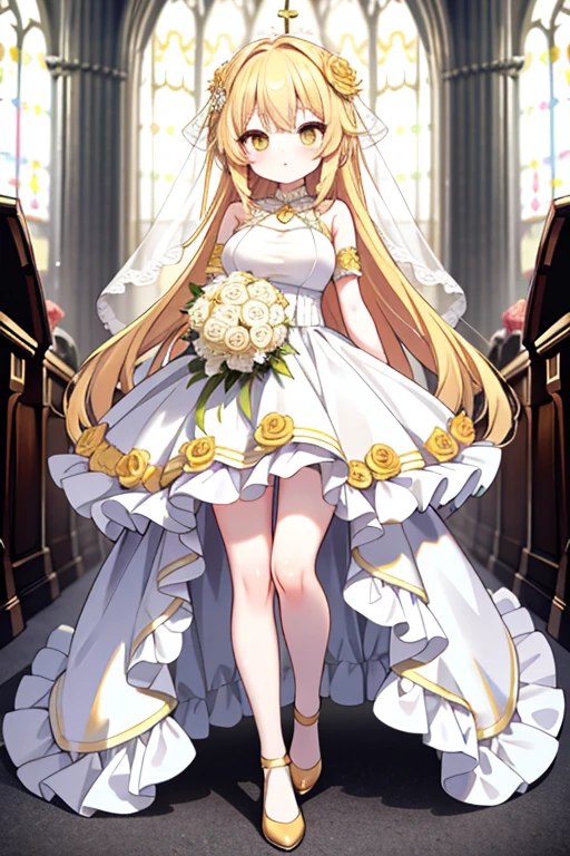 full body short yellow eyes long yellow hair wedding dress church big breasts cute best quality face bouquet