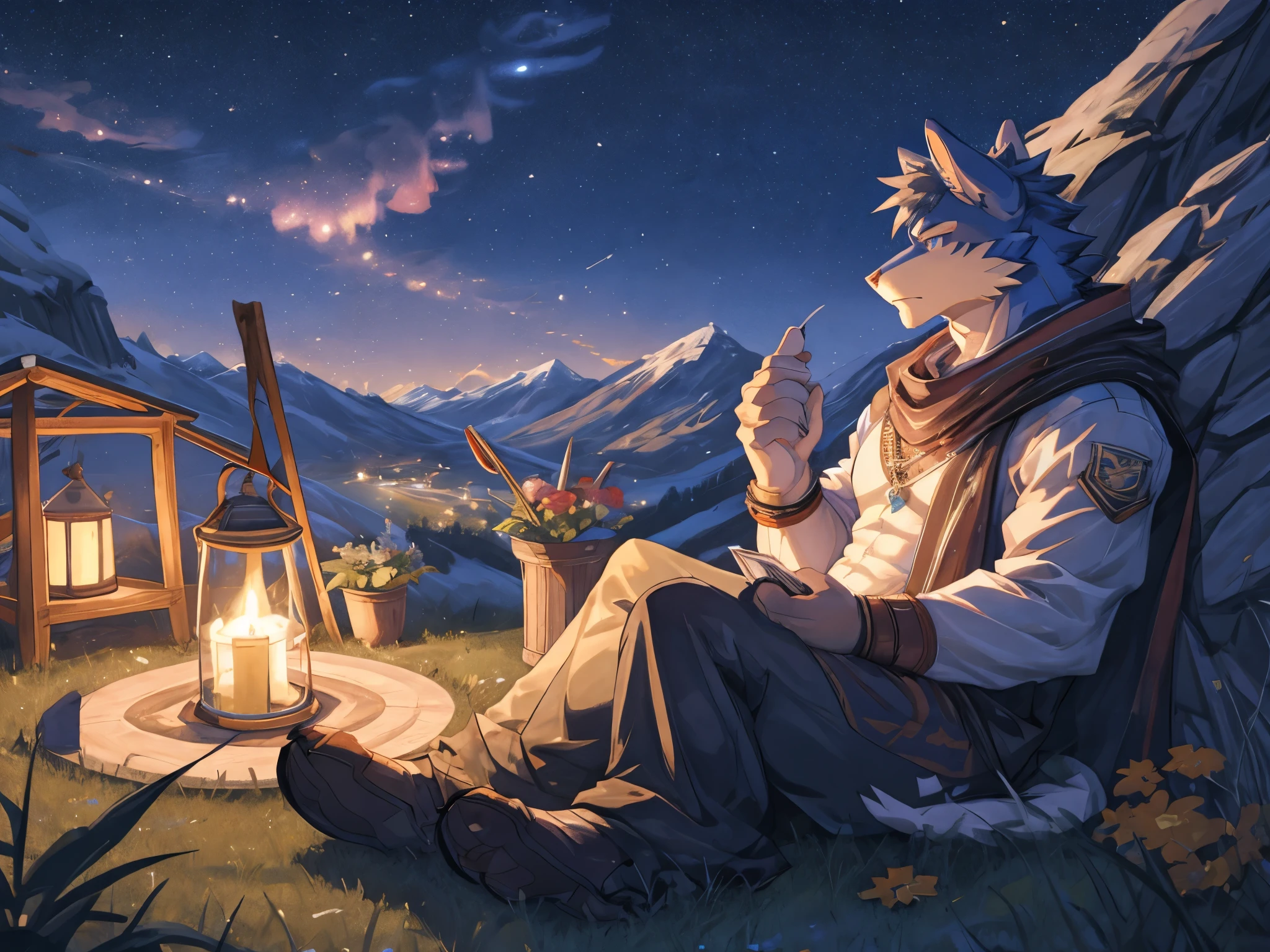 masterpiece, cool pose, Furry blue dragon, Medium muscle, White medium-length hair, casual outfit, Fierce, nice, breeze, comfortable, 仰望Starry Sky, Sitting on the grass, Highlands, Starry Sky, Mountain background