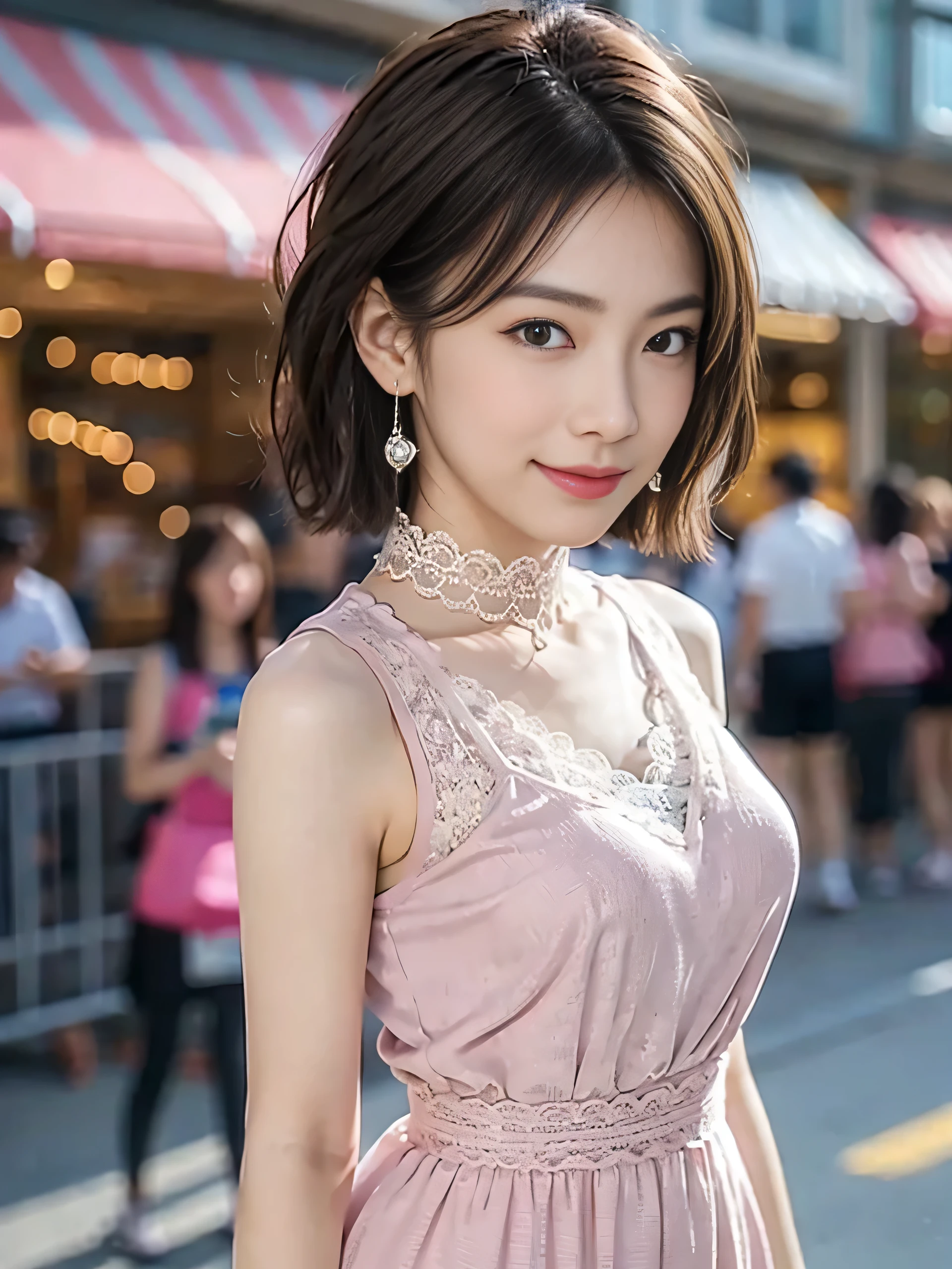 a woman posing on the street corner with light Pink clothes on, highest quality, 1people girl, Large Breasts, Day, bright, Blur the background, Bokeh, Outdoor, (street:0.8), (people々, crowd:1), (lace trim dress:1.5, Sleeveless dress, Pink clothes, Pink high neck dress:1.2, Pink clothes: 1.5), nice, (short hair, amount:1.2), Beautifully detailed skies, Earrings, (Dynamic pose:1.2), (Upper Body:0.8), Soft lighting, Wind, Shiny skin, smile,