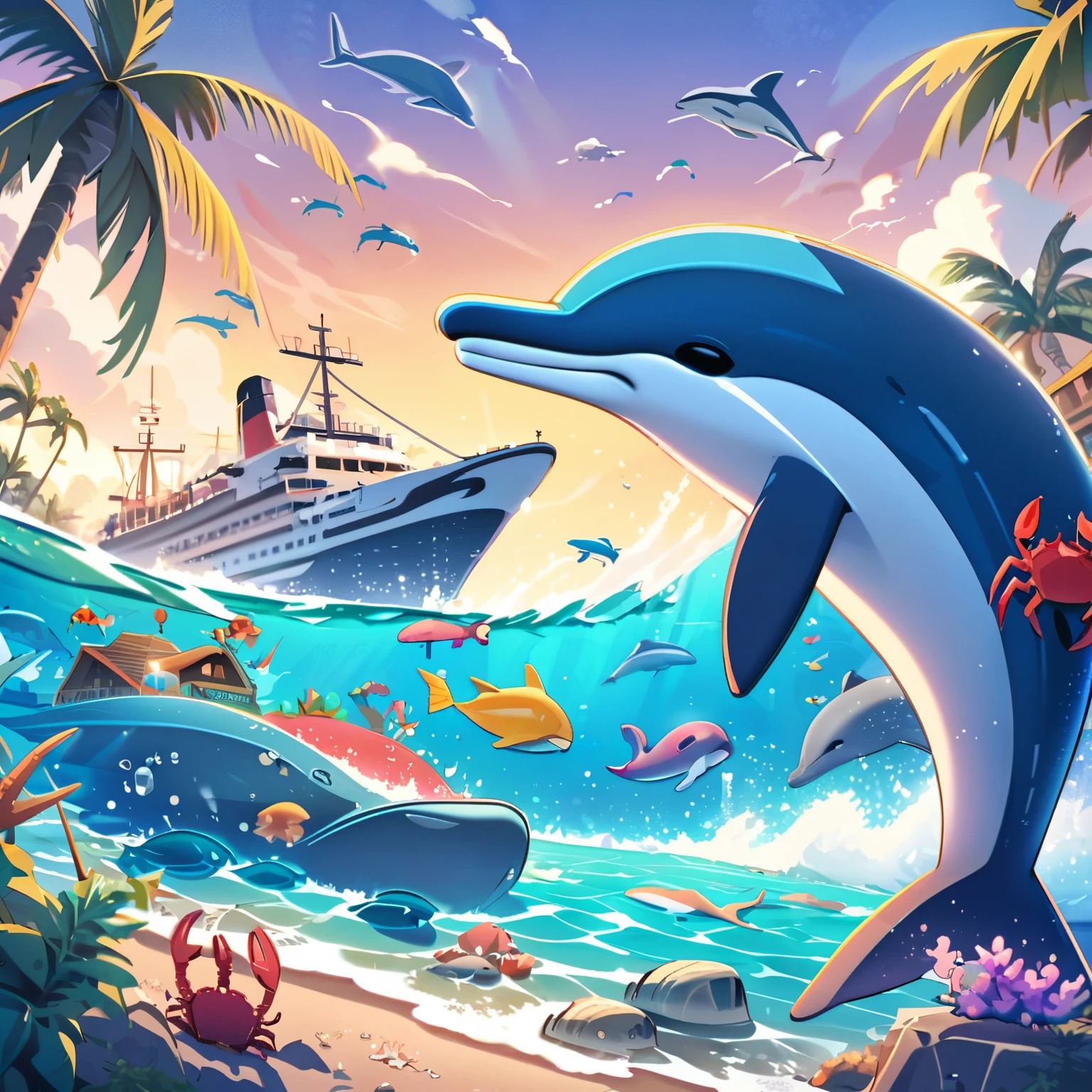 "Create illustrations of seaside scenes, whales, dolphins, crabs, palm trees, ships, and a world of playful and colorful toys."