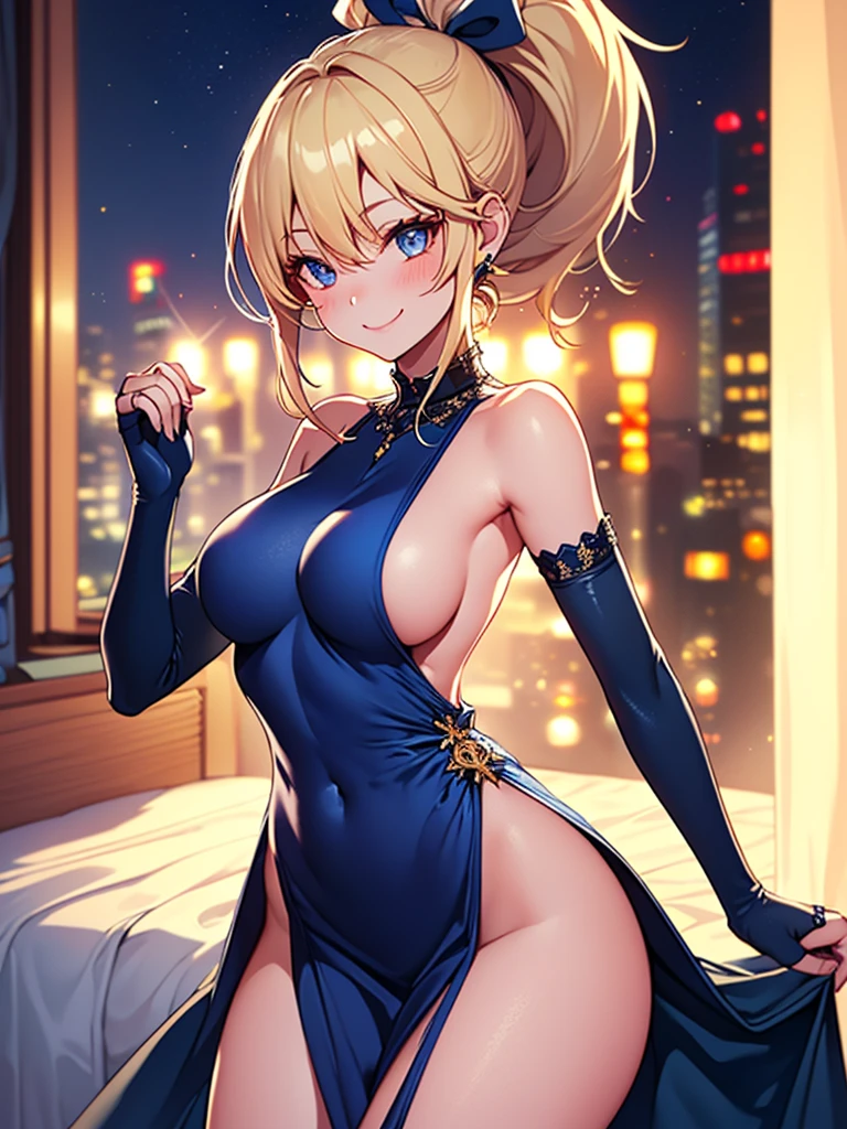(highest quality, High resolution, perfect pixel, Depth of bounds written, 4K), hotel room, detailed eyes, (1 lady), tall, (skinny body:1.2) , (thin thighs:1.2), large breasts, (side boob), blond hair, (ponytail:1.2), (midnight blue high slit Party dress:1.2), (sleeveless), bare back, elbow gloves, leg frill ring, (light smile), blush,