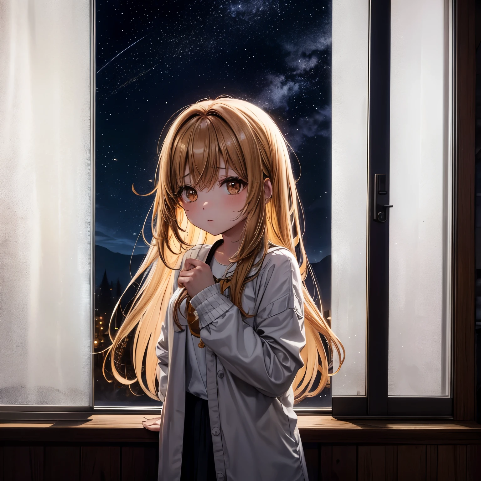 Chica con cabello rizado, chestnut, ocre, triste sufriendo llorando, vertido de gasa gris, vista de espaldas frente a una ventana en una noche obscura en el bosque la luz de la luna, llorando, lluvia, ciervos al fondo de la ventana