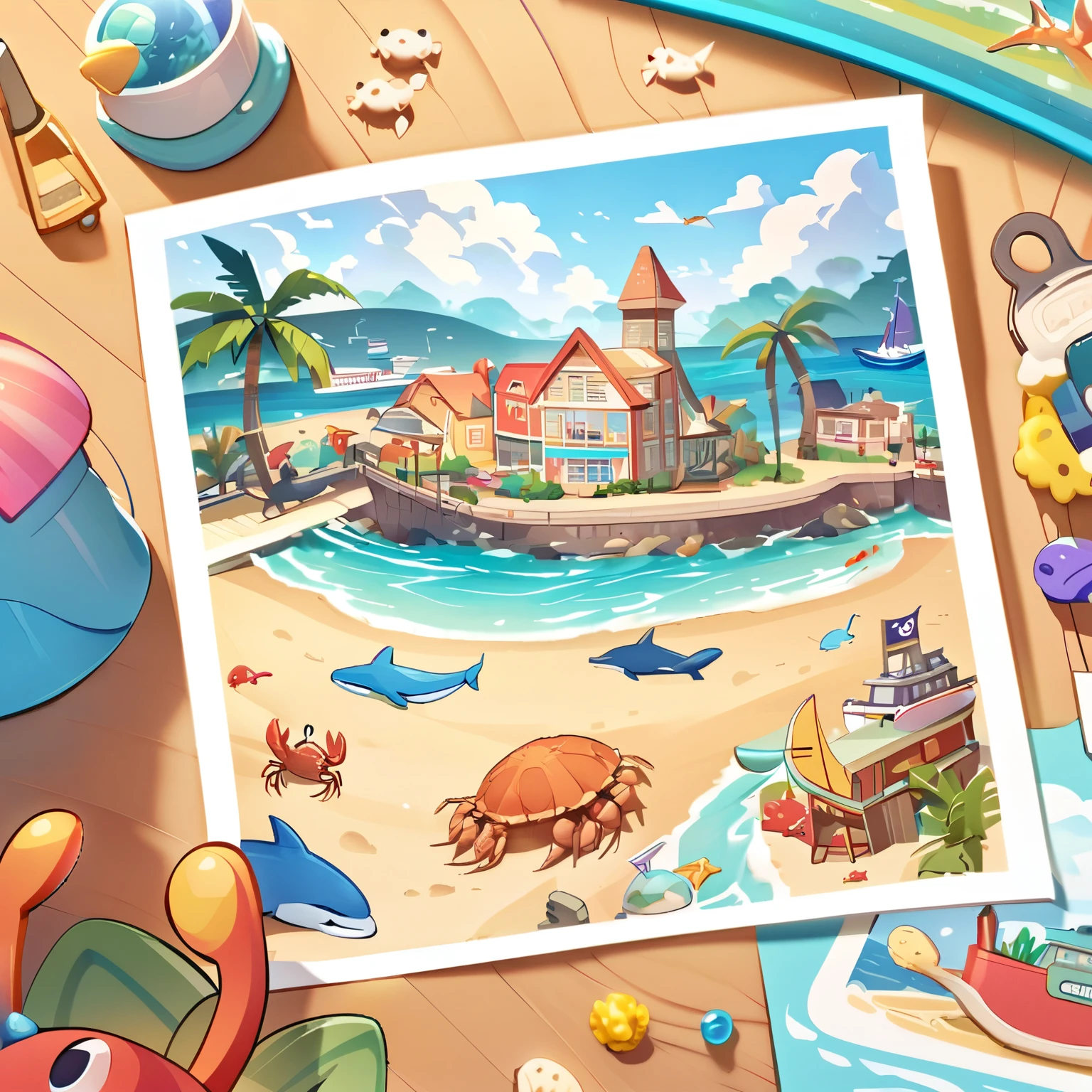 "Create illustrations of seaside scenes, whales, dolphins, crabs, palm trees, ships, and a world of playful and colorful toys."