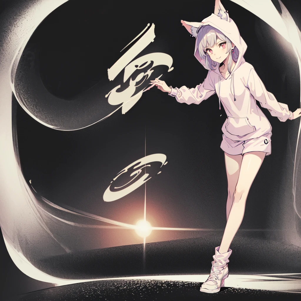 (Anime style), 1girl, 20 years old, mechanical limbs, [[weapon]], skin colored skin, ((sitting on a couch)), ((indoor), relaxing, ((hooded up)), ((animal ear hoodie)) , (wearing (white) mini shorts) , sharp eyes, light pink eyes, beautiful eyes, detailed eyes, beautiful silver hair, short hair, wearing glasses, earrings, cute pins on hoodie, holding a game controller, one hand is rested on her chest, medium chest size, perfect arms, perfect legs, perfect hands, anatomically correct hands, detailed hands, detailed feet, perfect feet, (adult body proportions), smiling, (playful and friendly expression), looking at viewer, ((high quality)) , best quality