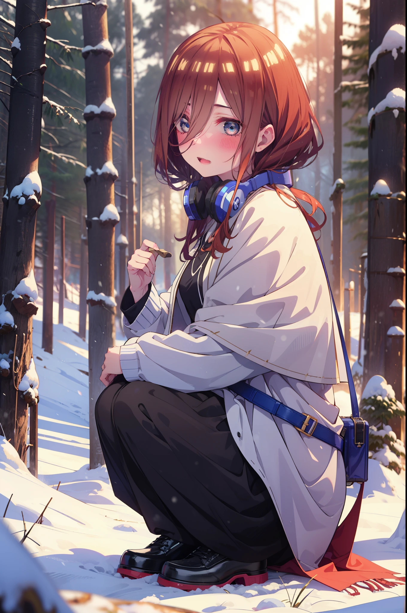 Miku Nakano, Miku Nakano, Long Hair, bangs, Brown Hair, shirt, Hair between the eyes, cardigan, Headphones around the neck,smile,blush,White Breath,
Open your mouth,snow,Ground bonfire, Outdoor, boots, snowing, From the side, wood, suitcase, Cape, Blurred, Increase your meals, forest, White handbag, nature,  Squat, Mouth closed, フードed Cape, winter, Written boundary depth, Black shoes, red Cape break looking at viewer, Upper Body, whole body, break Outdoor, forest, nature, break (masterpiece:1.2), highest quality, High resolution, unity 8k wallpaper, (shape:0.8), (Beautiful and beautiful eyes:1.6), Highly detailed face, Perfect lighting, Extremely detailed CG, (Perfect hands, Perfect Anatomy),