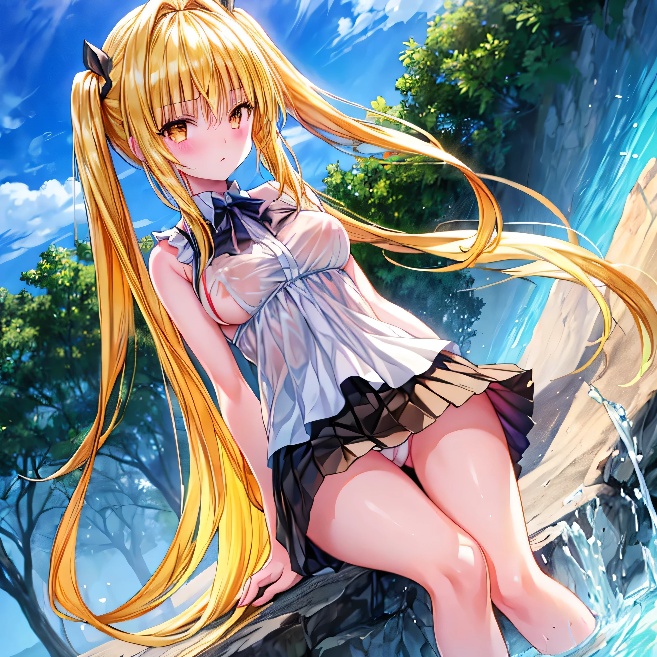 realistically, golden eyes, twintail, glowing eyes, golden hair, white short skirt, extra short skirt, Blush, daytime, Wet, see through, sleeveless shirt, nipples, pussy, embarrass, Sit with your knees raised, windy, yami, the skirt is turned up, highest quality, High resolution, highly detailed face, bare crotch, highest detailed CG, perfect hands, perfect anatomy, wind blow skirt up, medium breast