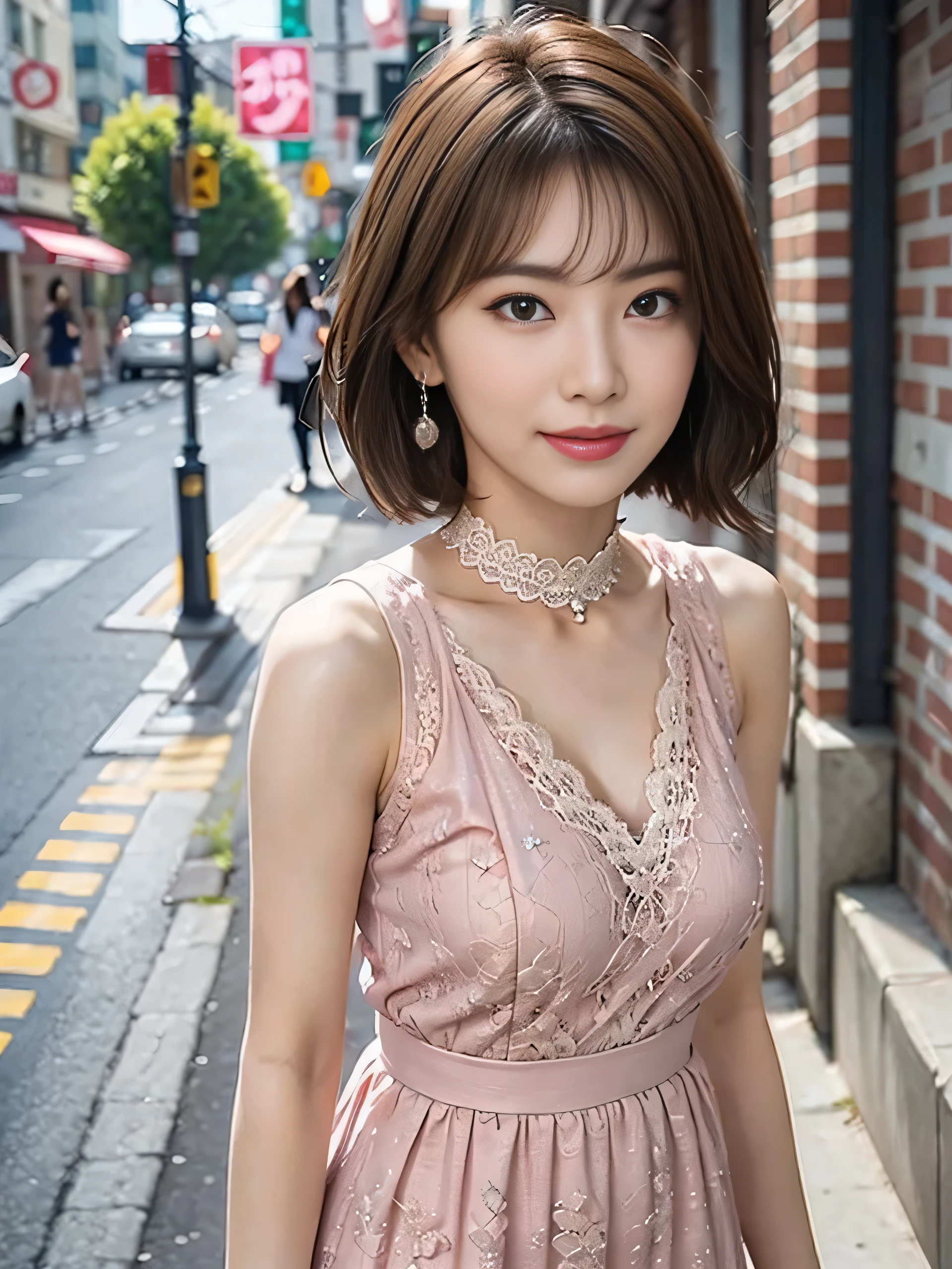 a woman posing on the street corner with light Pink clothes on, highest quality, 1people girl, Large Breasts, Day, bright, Blur the background, Bokeh, Outdoor, (street:0.8), (people々, crowd:1), (lace trim dress:1.5, Sleeveless dress, Pink clothes, Pink high neck dress:1.2, Pink clothes: 1.5), nice, (short hair, amount:1.2), Beautifully detailed skies, Earrings, (Dynamic pose:1.2), (Upper Body:0.8), Soft lighting, Wind, Shiny skin, smile,