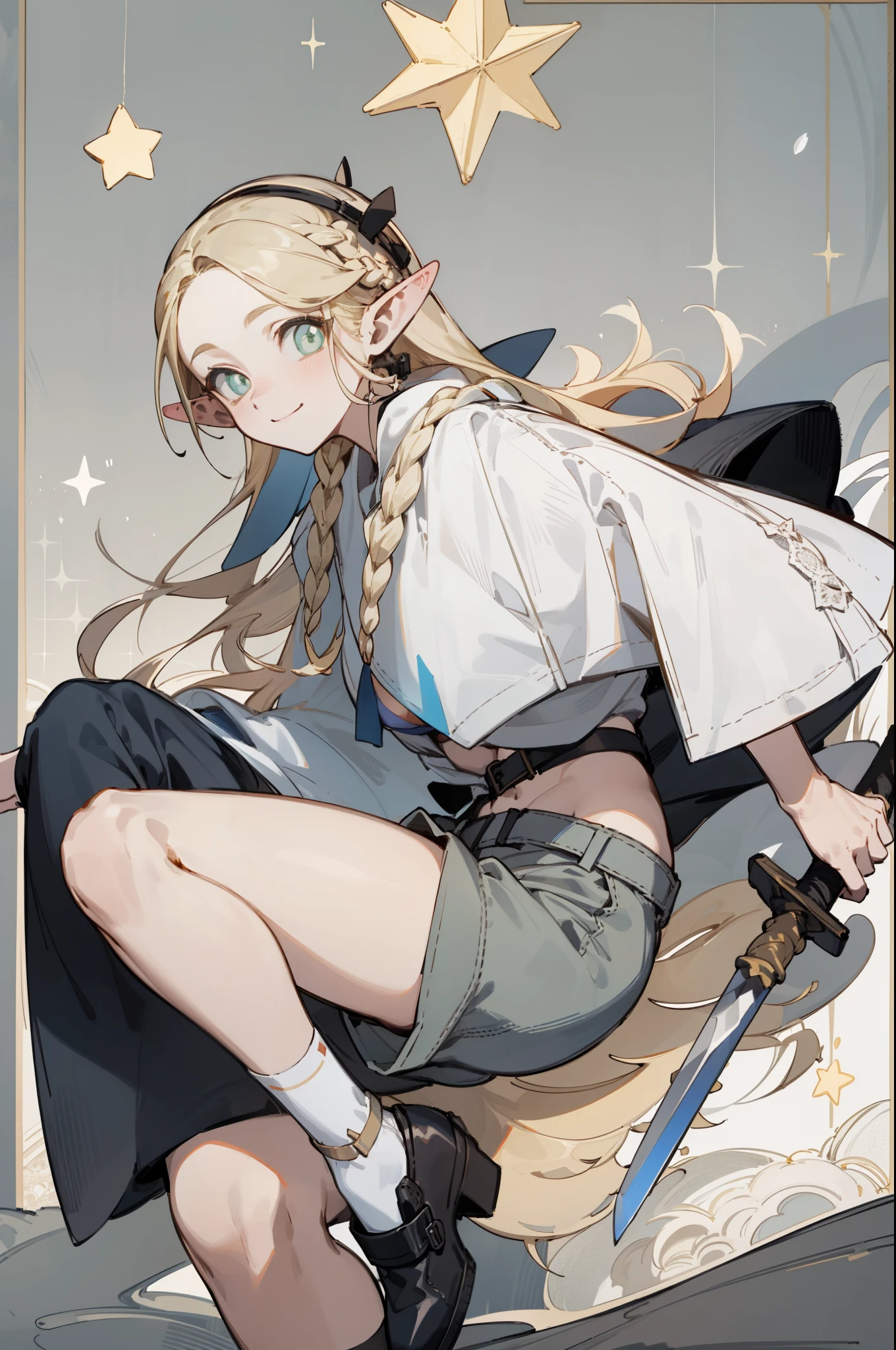 Wearing a bikini、Wearing a hat and a sword, Wearing headphones,(masterpiece, best quality) detailed,silver accessories , Blonde ,elegant, Pointed ears ，White shirt，shorts，Double tail，Waist-length hair，Smile，Star decoration，White lace socks，Angel