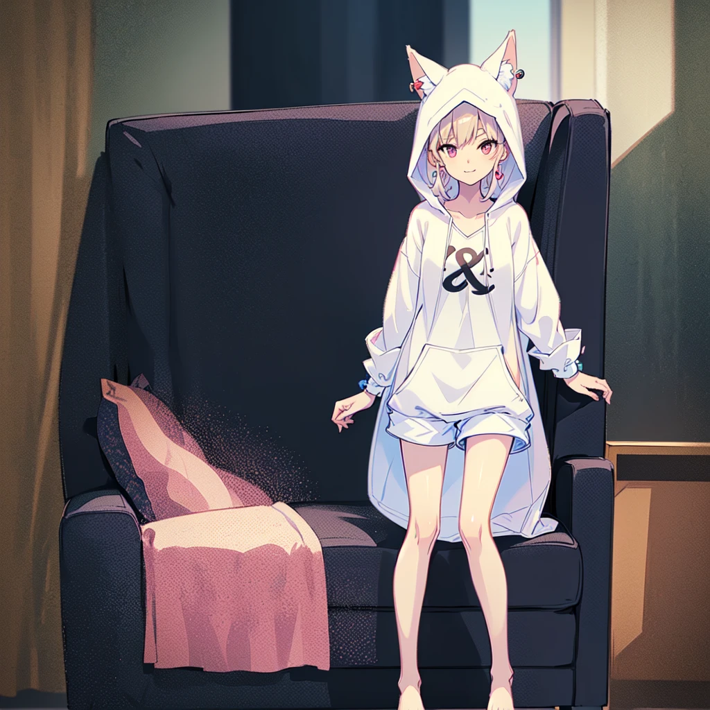 (Anime style), 1girl, 20 years old, mechanical limbs, [[weapon]], skin colored skin, ((sitting on a couch)), ((indoor), relaxing, ((hooded up)), ((animal ear hoodie)) , (wearing (white) mini shorts) , sharp eyes, light pink eyes, beautiful eyes, detailed eyes, beautiful silver hair, short hair, wearing glasses, earrings, cute pins on hoodie, holding a game controller, one hand is rested on her chest, medium chest size, perfect arms, perfect legs, perfect hands, anatomically correct hands, detailed hands, detailed feet, perfect feet, (adult body proportions), smiling, (playful and friendly expression), looking at viewer, ((high quality)) , best quality