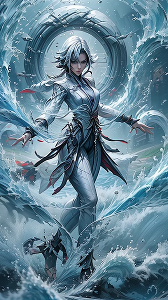 1 girl, One, White hair, black hair, multicolored hair, black eyes, x-shaped pupils, White Arles_suit , face concentrated ,upper body,topless,Anatomically correct,(Yushui,her body is Surrounded by water,water,broadcast,water ring:1.3),(high quality,Extremely detailed,8K)