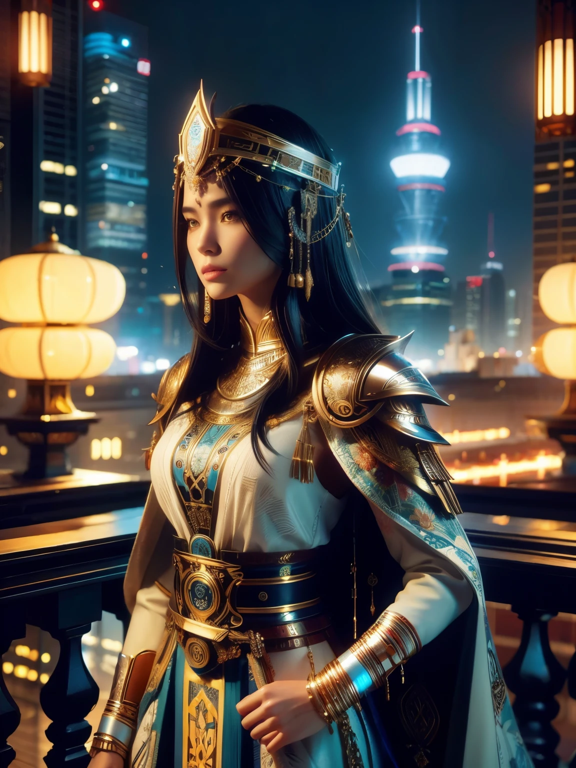 (high quality), (masterpiece), (detailed), 8K, Hyper-realistic digital illustration depicts (Japanese warrior princess1.3) adorned in (intricately embroidered fantasy attire1.2) inspired by Moroccan and Tunisian cultural heritage. Her (futuristic armor1.2) glimmers with a metallic sheen, while her (vibrant hair1.2) flows like a river of night. In the background, a (neon-lit cityscape1.2) blends traditional Islamic architecture with modern skyscrapers. In style of Ash Thorp, trending on DeviantArt.