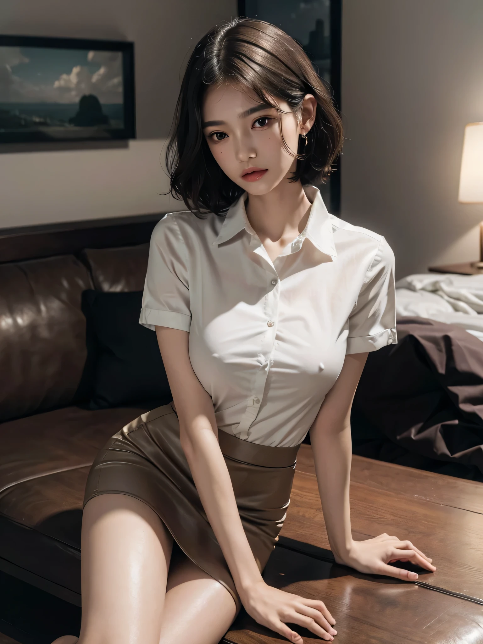 absurdres, RAW photo, extremely delicate and beautiful, masterpiece, Best Quality, ultra high resolution, 32k, hyperrealistic, ultra-detailed, perfect anatomy, perfect figure, super Detailed skin, 20 years old, very Slim body, narrow waist, very small head, very small face, delicate facial features, tearful mole, earring, thin legs, bare legs, ((very huge round breasts)), short medium hair, ((wavy hair)), ((full body shot)), short pencil skirt, ((collared shirt)), colorful,