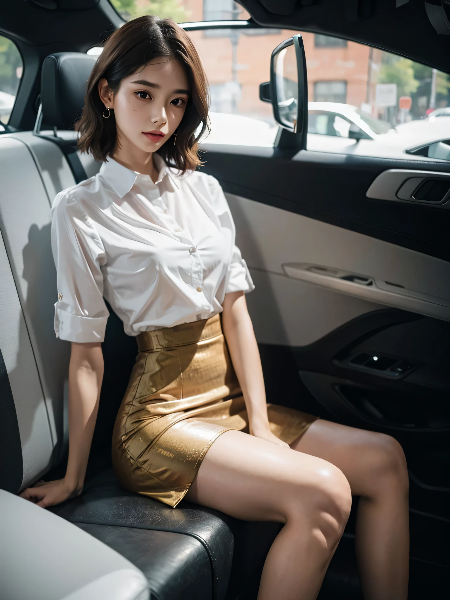 absurdres, RAW photo, extremely delicate and beautiful, masterpiece, Best Quality, ultra high resolution, 32k, hyperrealistic, ultra-detailed, perfect anatomy, perfect figure, super Detailed skin, 20 years old, very Slim body, narrow waist, very small head, very small face, delicate facial features, tearful mole, earring, thin legs, bare legs, ((very huge round breasts)), short medium hair, ((wavy hair)), ((full body shot)), short pencil skirt, ((collared shirt)), ((colorful)),